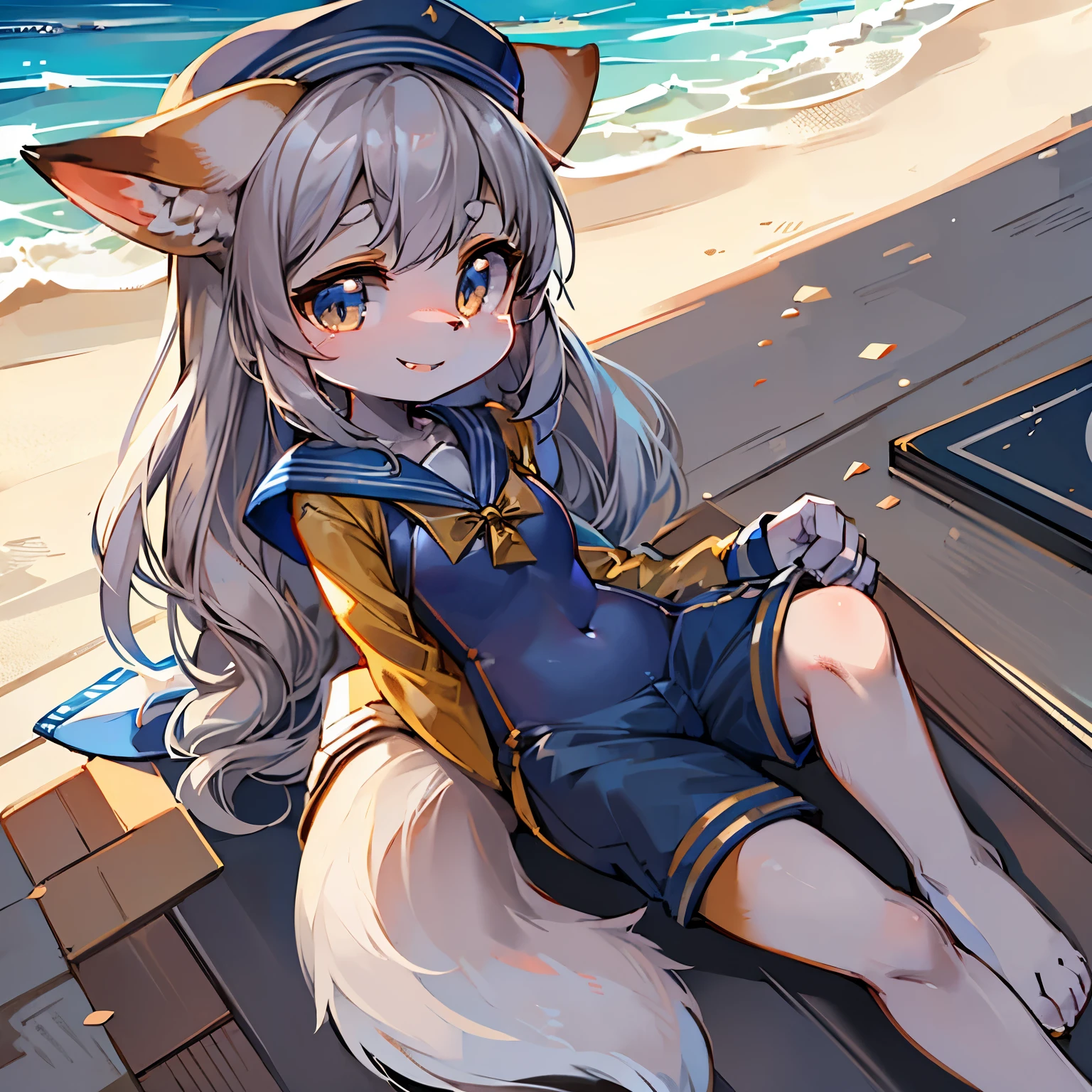Bright outside,seaside,fox girl,female focus,Furry women,Furry loli,Characteristics of a three-year-old girl,Height 1.6 meters,gray hair,Bright Eyes,Sailor suit,sailor hat,Smile。