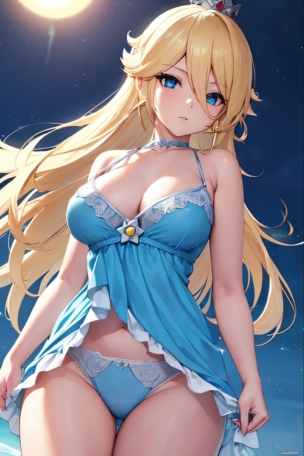 Rosalina, Rosalina, Blonde hair, blue eyes, hair over one eye, long hair, BREAK blue dress, sky-high panties, crown, dress, earrings, jewelry, princess, cape, star earrings, BREAK night, night sky, sky, star \(sky\), star \(symbol\), space, sun, BREAK looking at the viewer, (cowboy photo: 1.5), BREAK (art: 1.2), best quality, high resolution, 8k unity wallpaper, (art: 0.8), (beautiful detailed eyes: 1.6), extremely detailed face, perfect lighting, extremely detailed CG, (perfect hands, perfect anatomy),