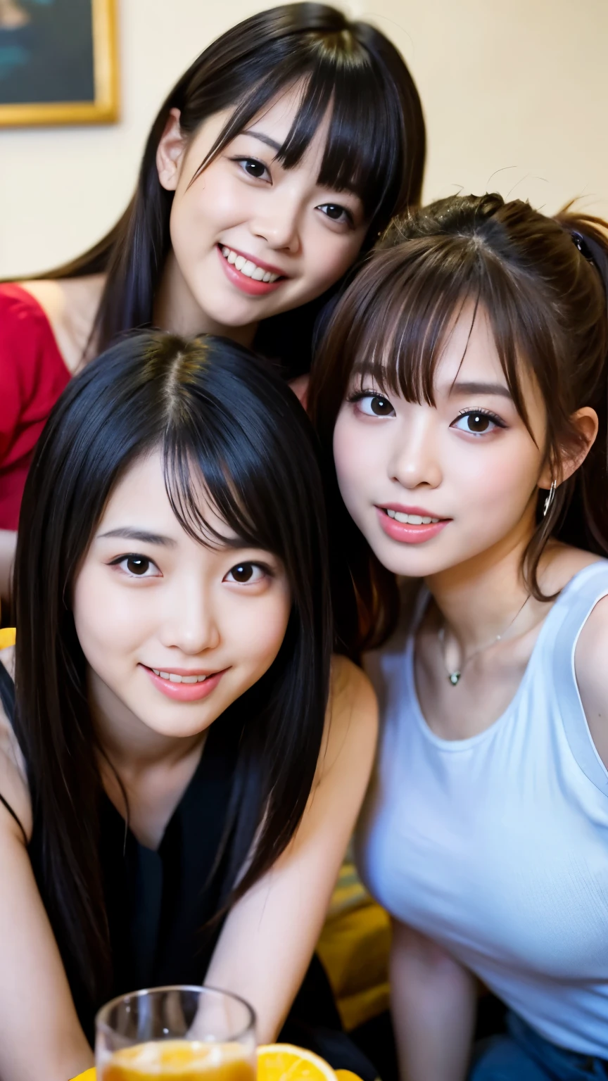 Best-quality, Masterpiece, Ultra-High-Resolution, (Photorealistic:1.4), Raw-Photo, Extremely-Details, 

(((photo of 3-girls having a lot of fun at home drinking party))), 

They all are members of the most popular Japanese idol-groups and -yeld. Thall have extremely cute faces and all extremely beautiful big black solid circle eyes. They all have extremely beautiful hair. They all are high on cocaine and wearing clothes with sexy design.