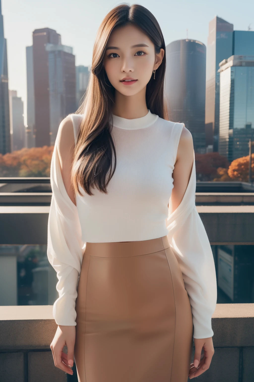 (Transcendent beauty:1.2), modeled, 25-years old, kawaii faces, The best smile, Gravure photos for fashion magazines, ​masterpiece, top-quality, winning artwork, ((hight resolution)), ((the Extremely Detailed CG Unity 8K Wallpapers)), Great skin, (Random Hair Styles), Perfect body line, Slender body, Clothes of prestigious brands, Autumn outfit, Classy and fashionable atmosphere, captivating and enticing, Sexy Girl, Stand against the backdrop of the city skyline, Autumn glow