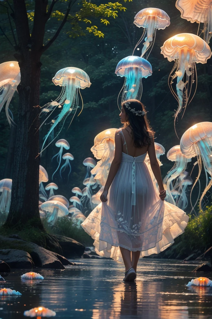 ((blue jellyfish)), jellyfishforest,  1girl, cute, small, long hair, dress, solo, black hair, mushroom, nature, white dress, outdoors, tree, walking, forest, water, clouds, sky