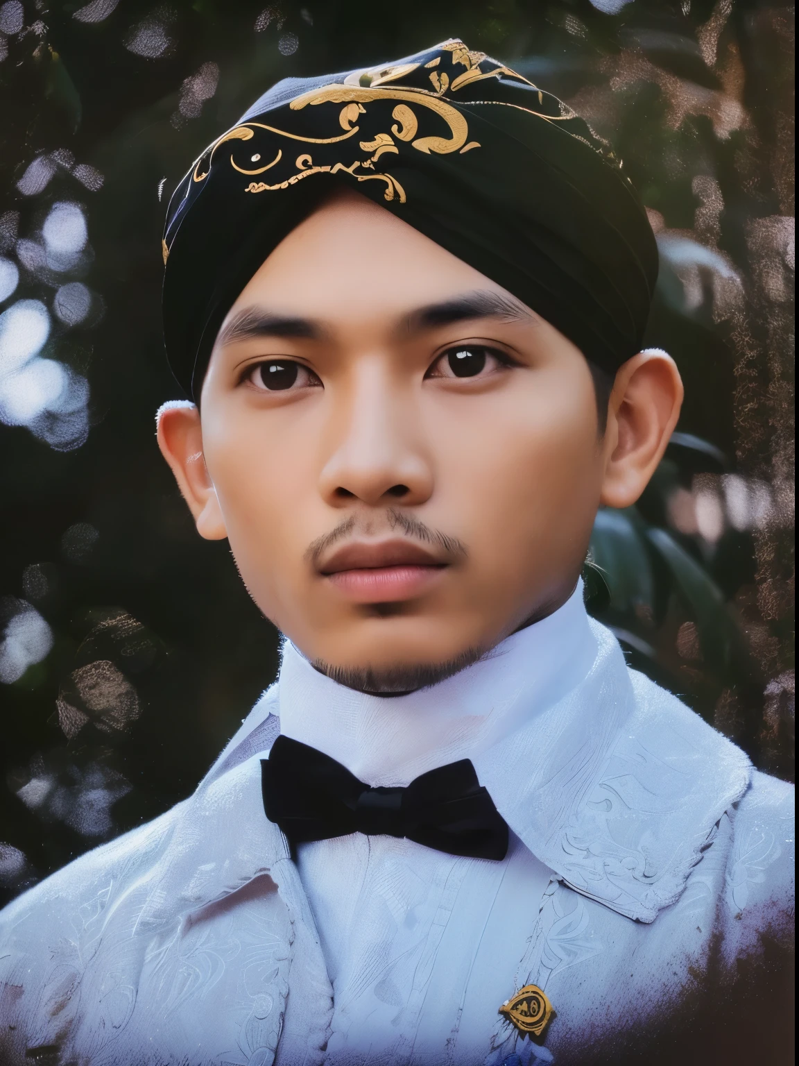 (best quality,full HD,high-res:1.2),ultra-detailed,(realistic,photorealistic,photo-realistic:1.37),a man from Java Indonesia,black bendo,traditional Javanese clothing,cultural clothing,detailed facial features,sharp focus,traditional patterns,rich colors,exquisite embroidery,vivid textiles,dark background,natural lighting,Java culture