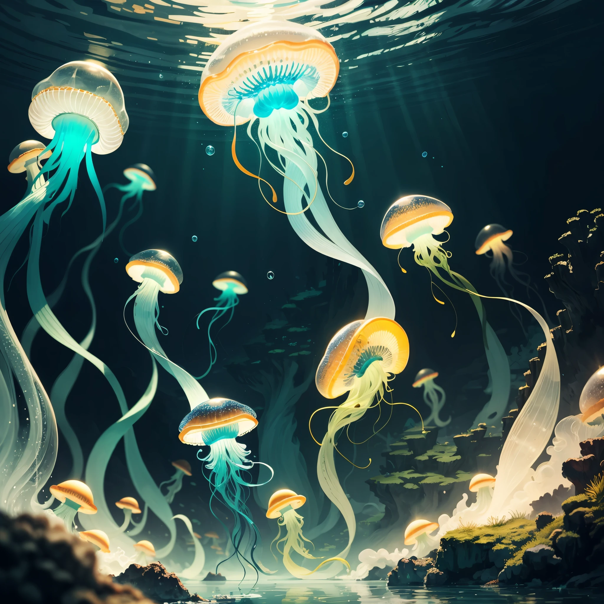 high detail, vibrant colors, surrealistic, underwater, beautiful, elegant, graceful, translucent, floating, bioluminescent, ((jellyfish)), delicate tentacles, pulsating, otherworldly, mesmerizing movement, glowing, hypnotic, ethereal, dreamlike, fluid, mysterious, enchanting, oceanic depths, tranquil, peaceful, serene, magical, soft lighting, shimmering reflections