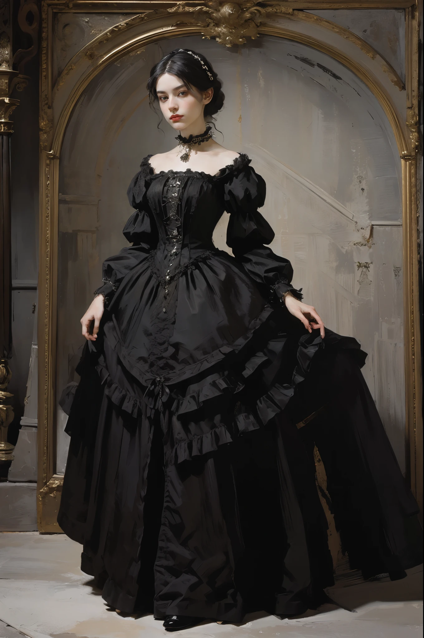 classical painting, portrait in the Victorian era, in a black dress, a strict Victorian style dress, (Victorian dinner dress: 1.3), the dress has a stand-up collar, a young girl 25 years old, pale skin, slender, monochrome image, with an accent color, on neck decoration with red ruby,