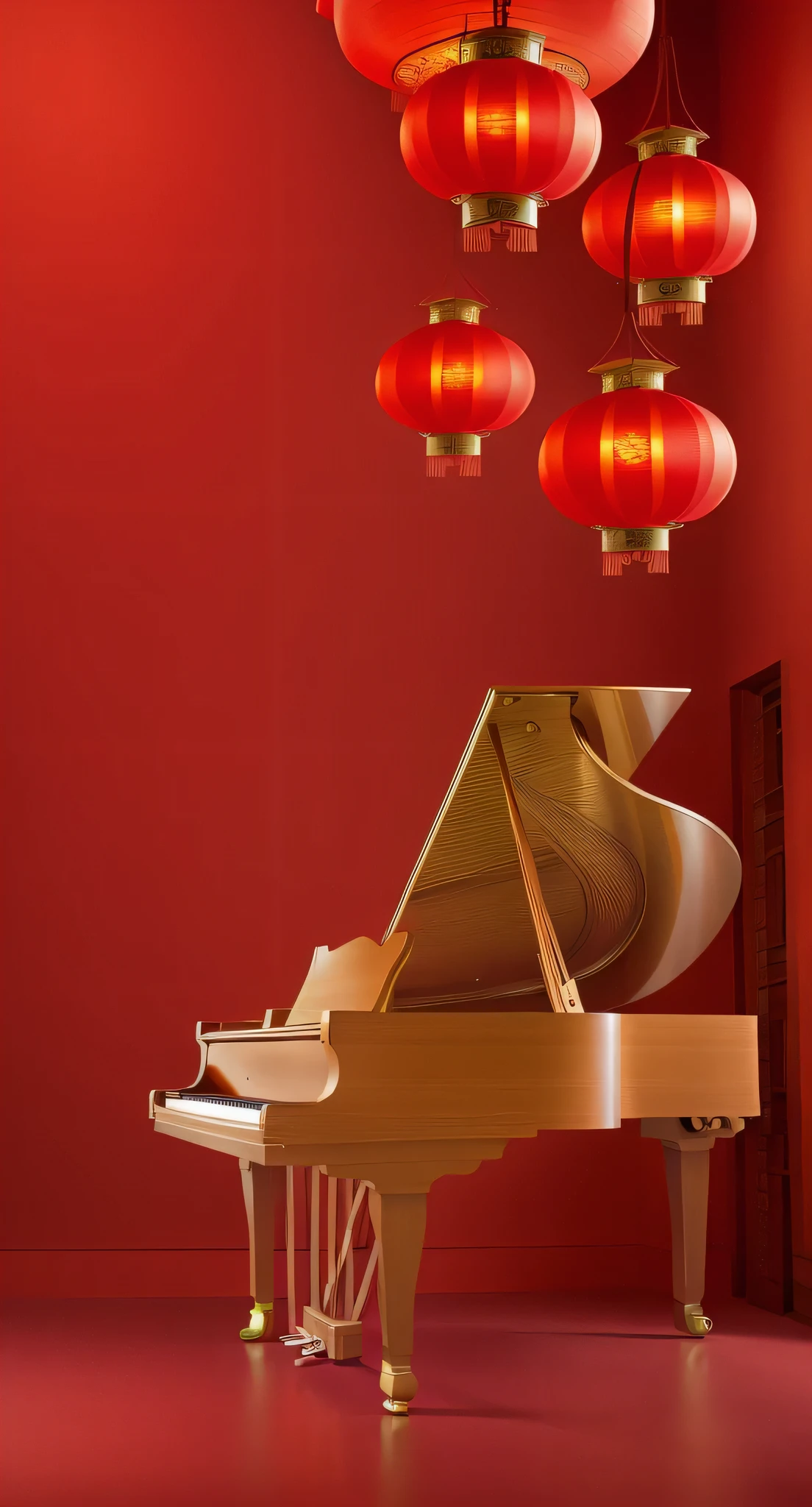 piano,lantern,table,Red silk,The colors are more vivid,Chinese style background ultra high definition details,top quality,High-end luxury