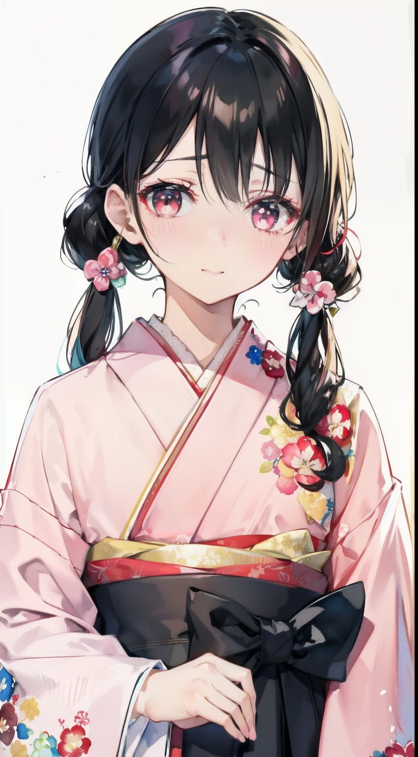highest resolution、An illustration、1 girl、beautiful face、cute、white background、(watercolor:1.2)、2D、Upper body、black kimono、frills、pink hakama、black hair in twin tails、red lipstick、see-through bangs、Looks embarrassed、red blush under the eyeenspatula、red eyeshadow、Looks embarrassed、graduation ceremony、pink eyes、droopy eyes