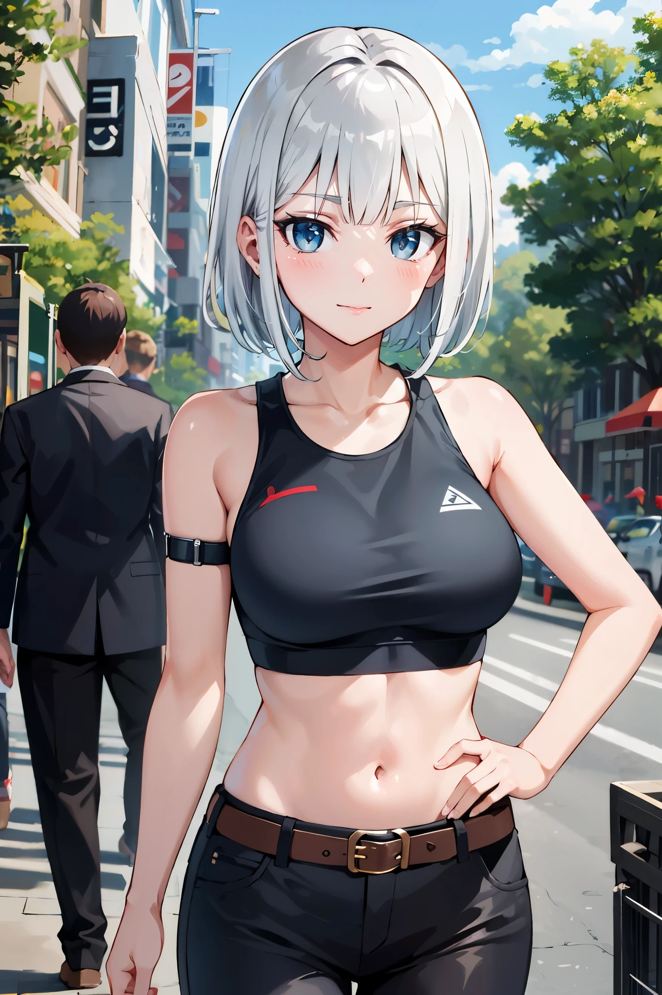 tall body, tall, long legs, mature female, mature, adult, simple background
 eft_dumbbell_white, 1girl, upper body, solo, belt, short hair, blue eyes, navel, breasts, white hair, looking at viewer, midriff, pants, bangs, crop top, sports bra, closed mouth, black belt, armband, solo focus, looking at viewer, happy, collarbone, blunt bangs, cowboy shot, ribbon, bob cut, bare shoulders, solo focus, big breasts, standing, in the park