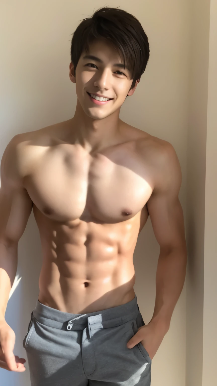 masterpiece, high quality, best quality, HD, actual, perfect,1 person,young,handsome man,Smile,6 pack abs,Sexy breasts,sexy body, thin body,detailed body, The perspective is viewed from the bottom up ,