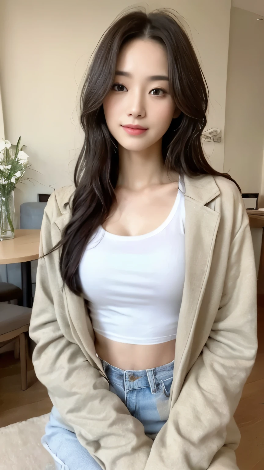 ((top-quality、8k、masterpiece:1.3))、Beautiful woman with perfect body:1.4、slim abdomen:1.2、Longhair, normal breast, Highly detailed facial and skin texture, A detailed eye, delicate eyes, double eyelid, (smile), (full body shot), ((cafe)), (sitting on chair), (((wearing white t-shirt with jacket)), looking in front