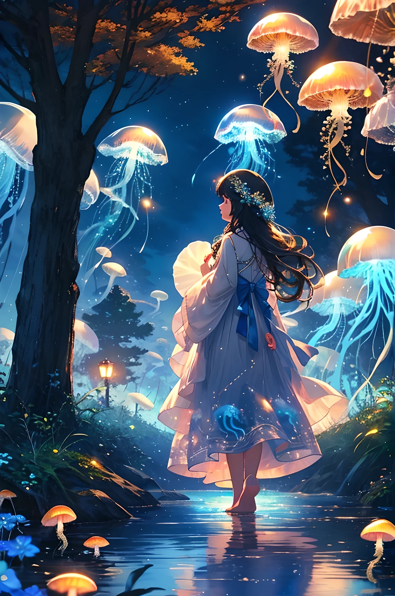 ((blue jellyfish)), jellyfishforest,  1girl, cute, small, long hair, dress, solo, black hair, mushroom, nature, white dress, outdoors, tree, walking, forest, water, clouds, sky