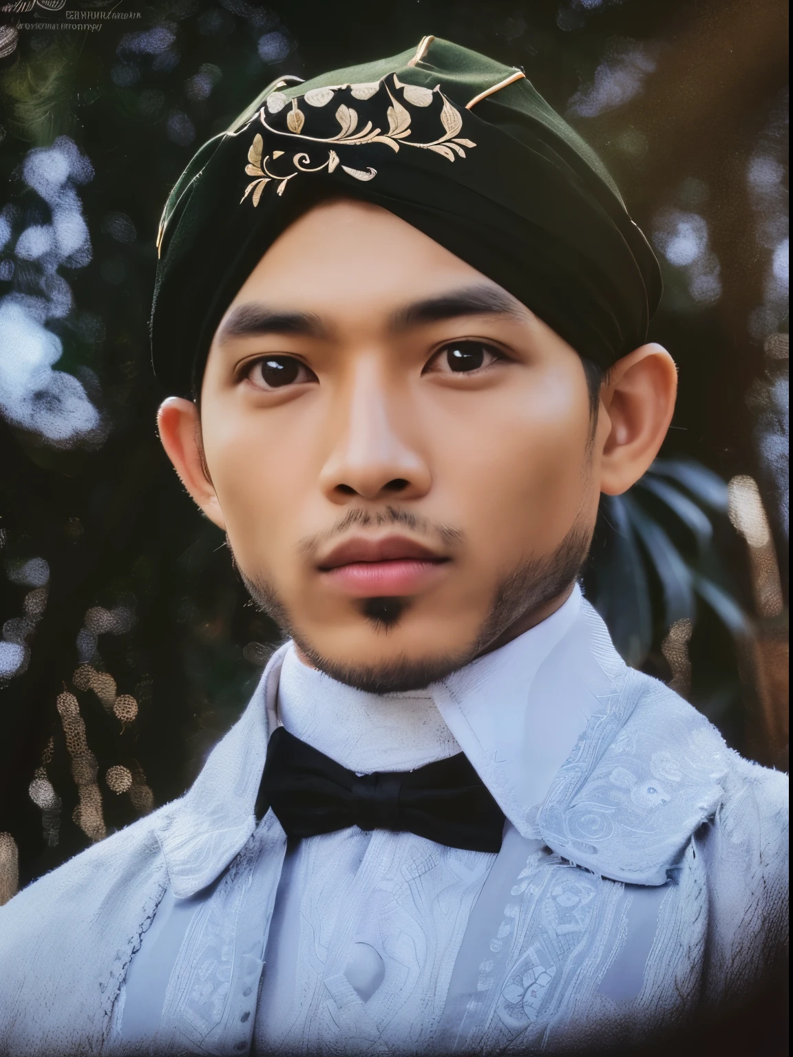 (best quality,full HD,high-res:1.2),ultra-detailed,(realistic,photorealistic,photo-realistic:1.37),a man from Java Indonesia,black bendo,traditional Javanese clothing,cultural clothing,detailed facial features,sharp focus,traditional patterns,rich colors,exquisite embroidery,vivid textiles,dark background,natural lighting,Java culture