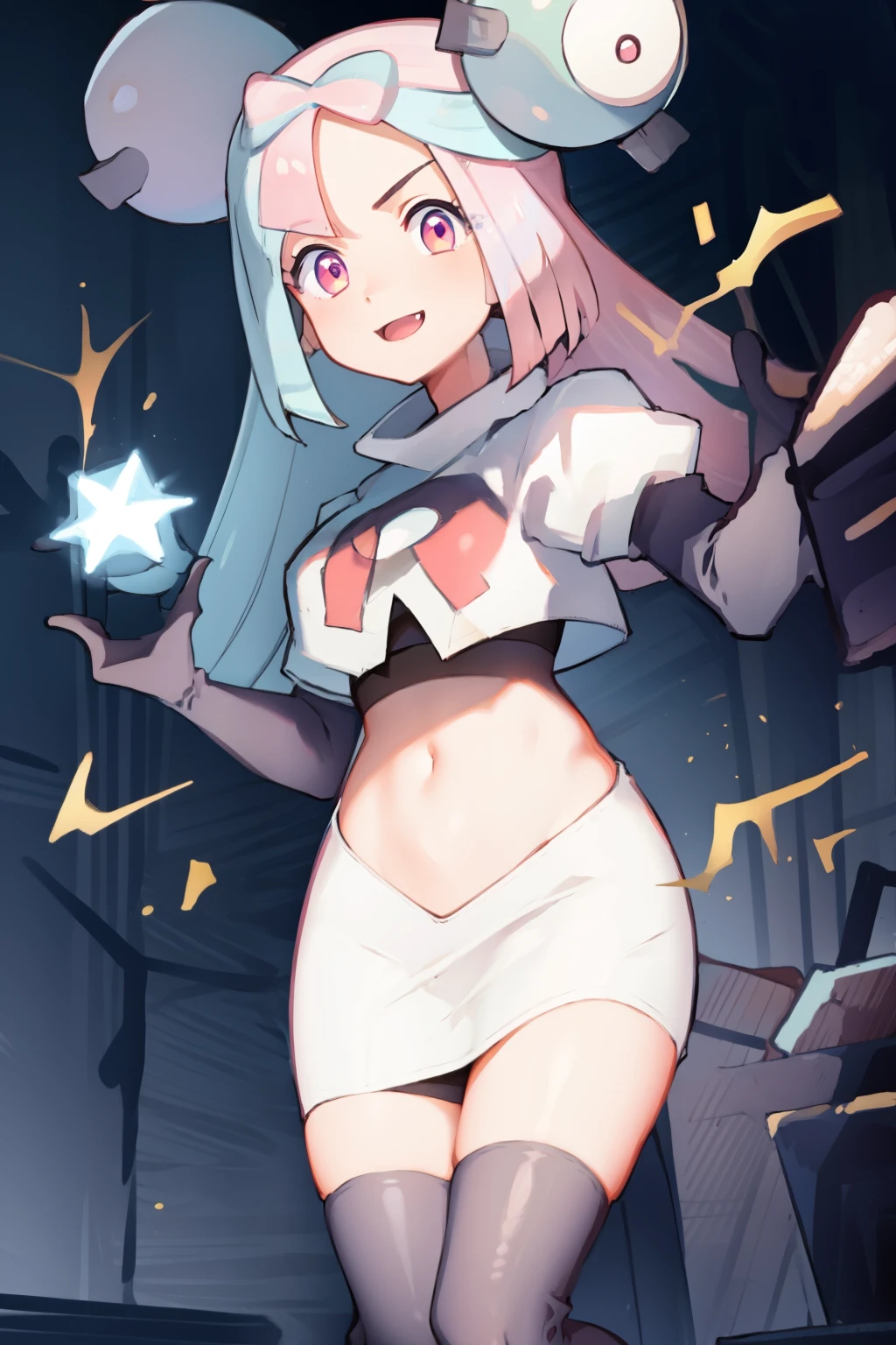 iono,1 girl,pink eyes,solo,smile,open mouth,fangs ,team rocket,team rocket uniform,white skirt,red letter R,crop top,black thigh-highs,black elbow gloves,