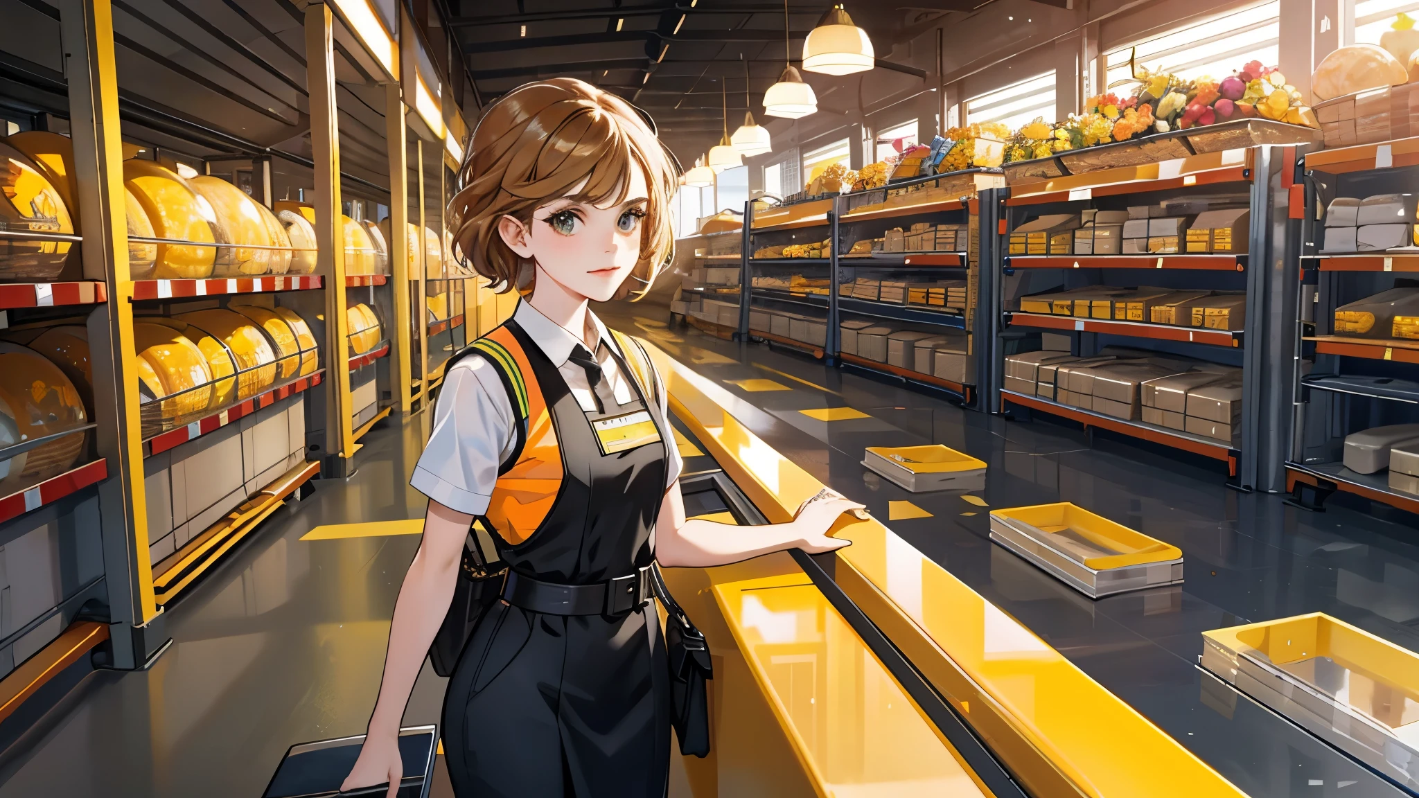 arafed woman in safety vest standing on conveyor belt in warehouse, worksafe. instagram photo, (sfw) safe for work, snapchat photo, delivering packages for amazon, amazon in the background, in a factory, in a warehouse, viral post, 🌻🎹🎼, 🚀🌈🤩, instagram story, instagram picture, emma watson in a hi vis vest、 No.1美女hostess、Beautiful man No..1host、The most exclusive restaurant、Suppotolite、night shop、champagne tower、mirror ball、hostess、host、finest shops、finest wine、Domperi、