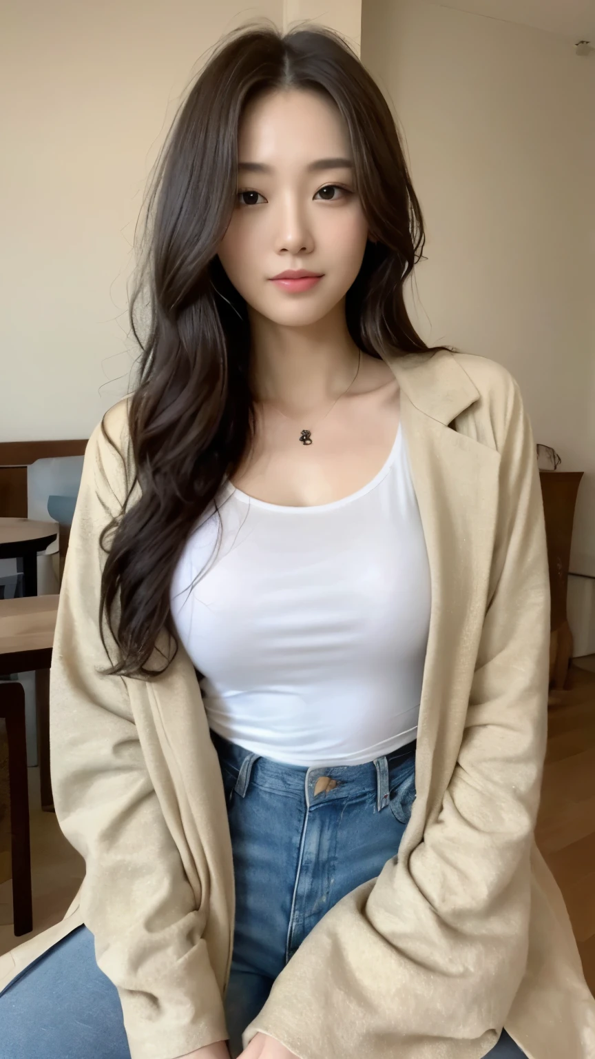 ((top-quality、8k、masterpiece:1.3))、Beautiful woman with perfect body:1.4、slim abdomen:1.2、Longhair, normal breast, Highly detailed facial and skin texture, A detailed eye, delicate eyes, double eyelid, (smile), (full body shot), ((cafe)), (sitting on chair), (((wearing white t-shirt with jacket)), looking in front
