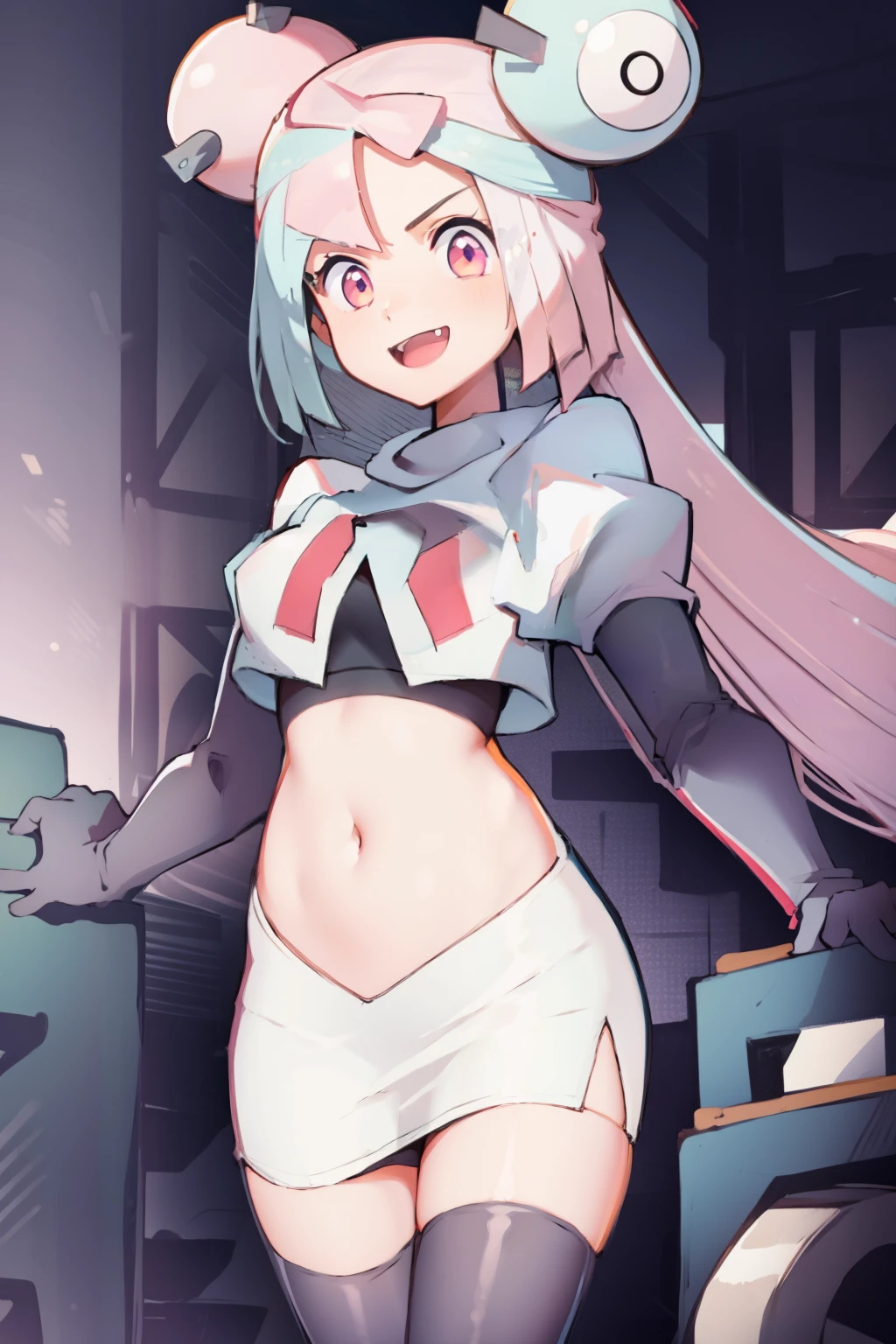 iono,1 girl,pink eyes,solo,smile,open mouth,fangs ,team rocket,team rocket uniform,white skirt,red letter R,crop top,black thigh-highs,black elbow gloves,