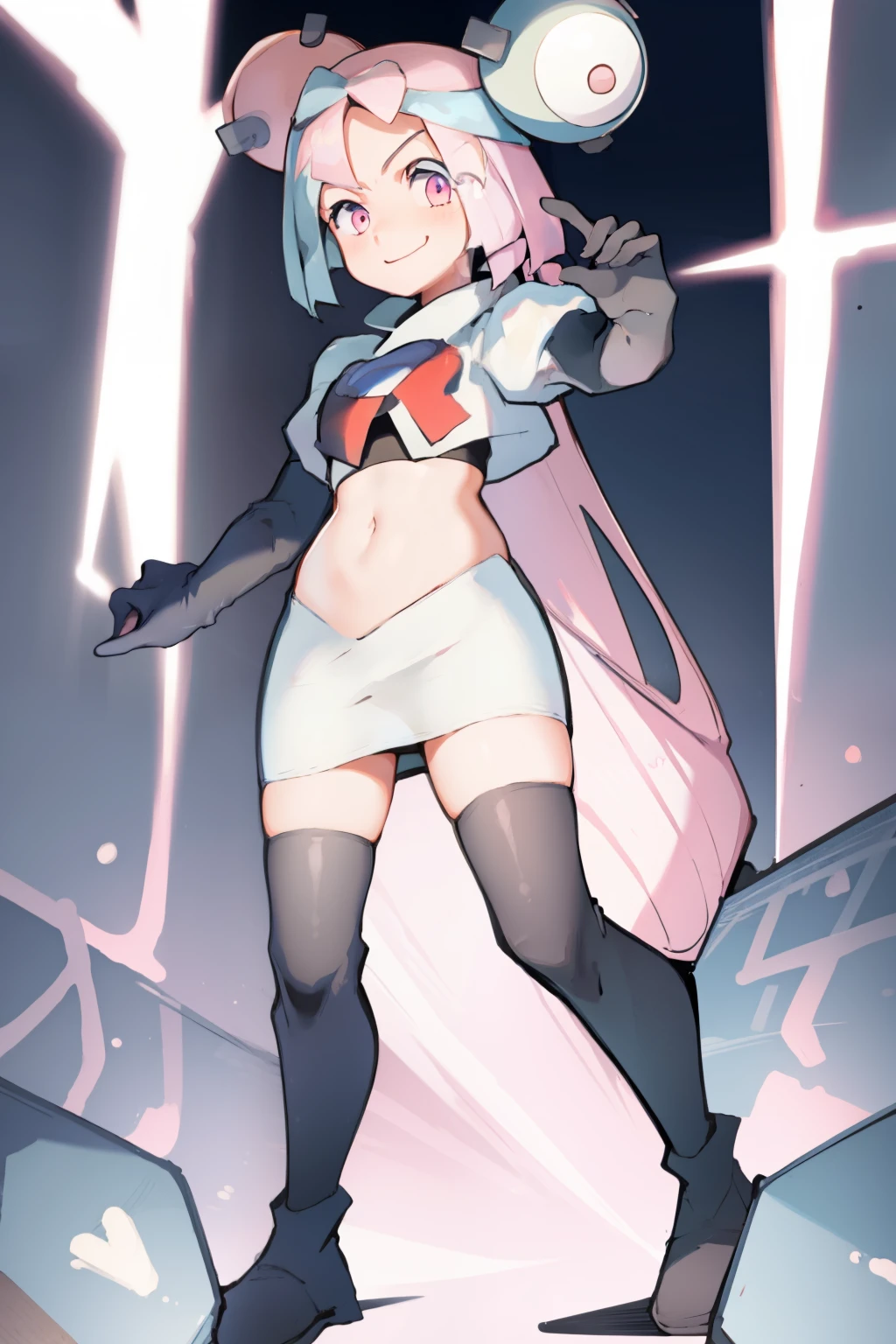 iono,1 girl,pink eyes,solo,smile,open mouth,fangs ,team rocket,team rocket uniform,white skirt,red letter R,crop top,black thigh-highs,black elbow gloves,