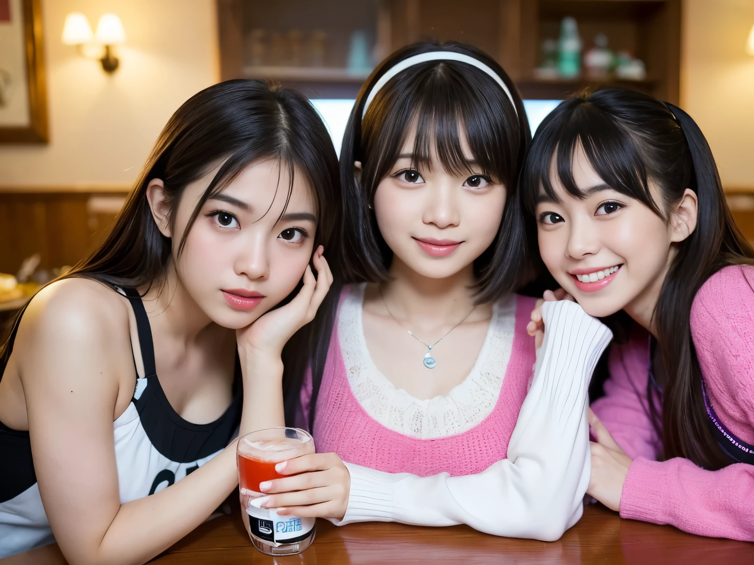 (Best-quality, Masterpiece, Ultra-High-Resolution, (Photorealistic:1.4), Raw Photo, depth of field, professional lighting, perfect anatomy, extremely details), 3girls, The most famous Japanese idols, having fun at home drinking party, (((They all have different cute-faces and different hairstyles.)))