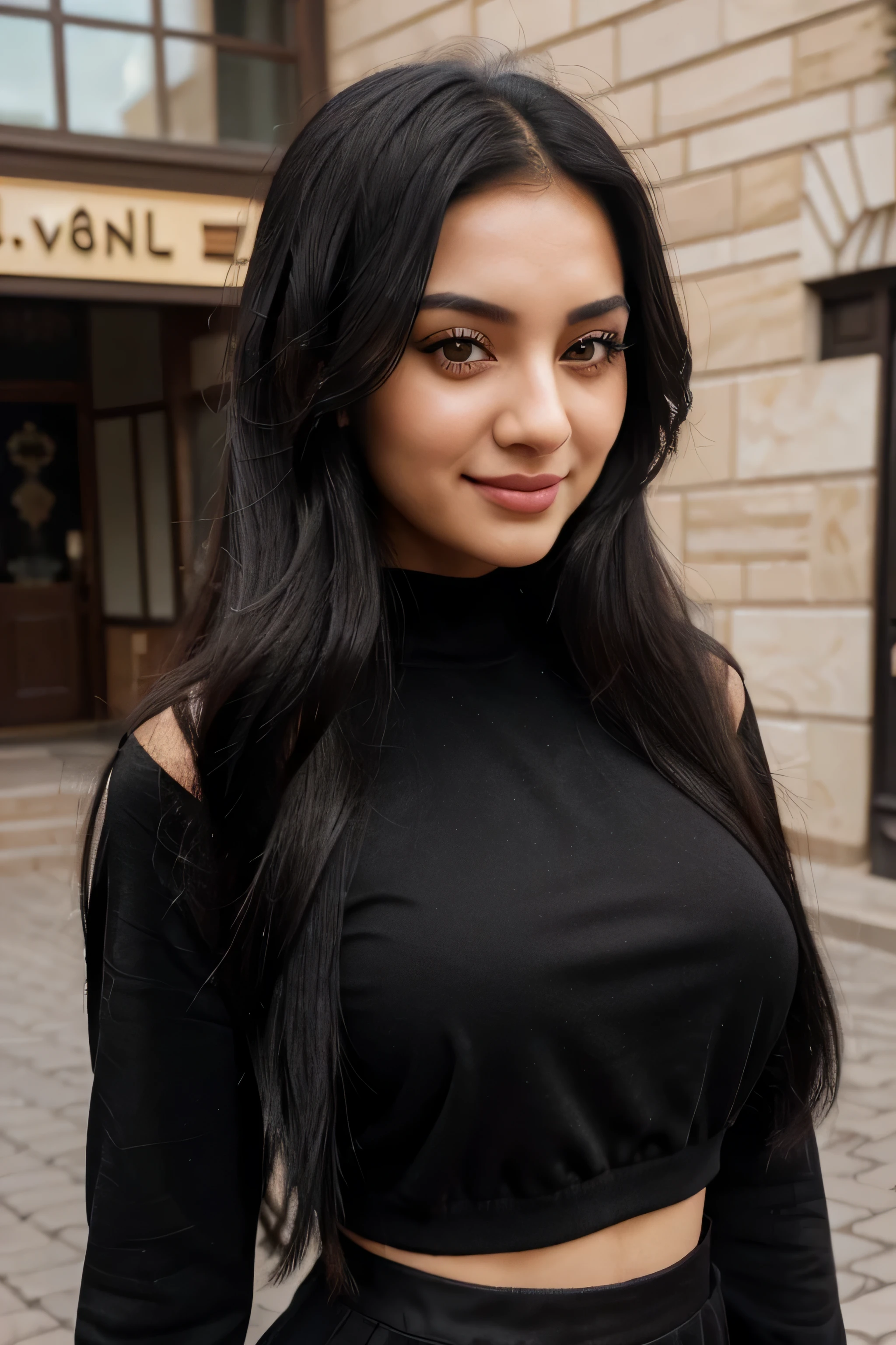 Close-up of a woman with long black hair and black top, Beautiful Azerbaijani girl with smile little, Beautiful Azerbaijani girl? ultra realistic? photo of a beautiful Azerbaijani girl, sexy girl , black color eyes, beautiful model girl , sexy model girl with long hairs, breathtaking beauty, walking at Baku old City street