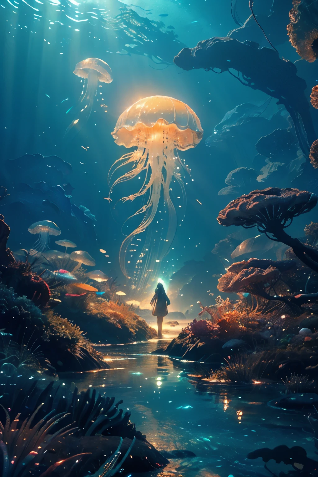 A giant underwater creature, (Jellyfish),bioluminescence, sea urchin, vibrant colors, high resolution, realistic lighting, detailed scales, deep sea scenery, surreal atmosphere, underwater world, phosphorescent light, shimmering scales, ethereal beauty, mystical underwater kingdom.