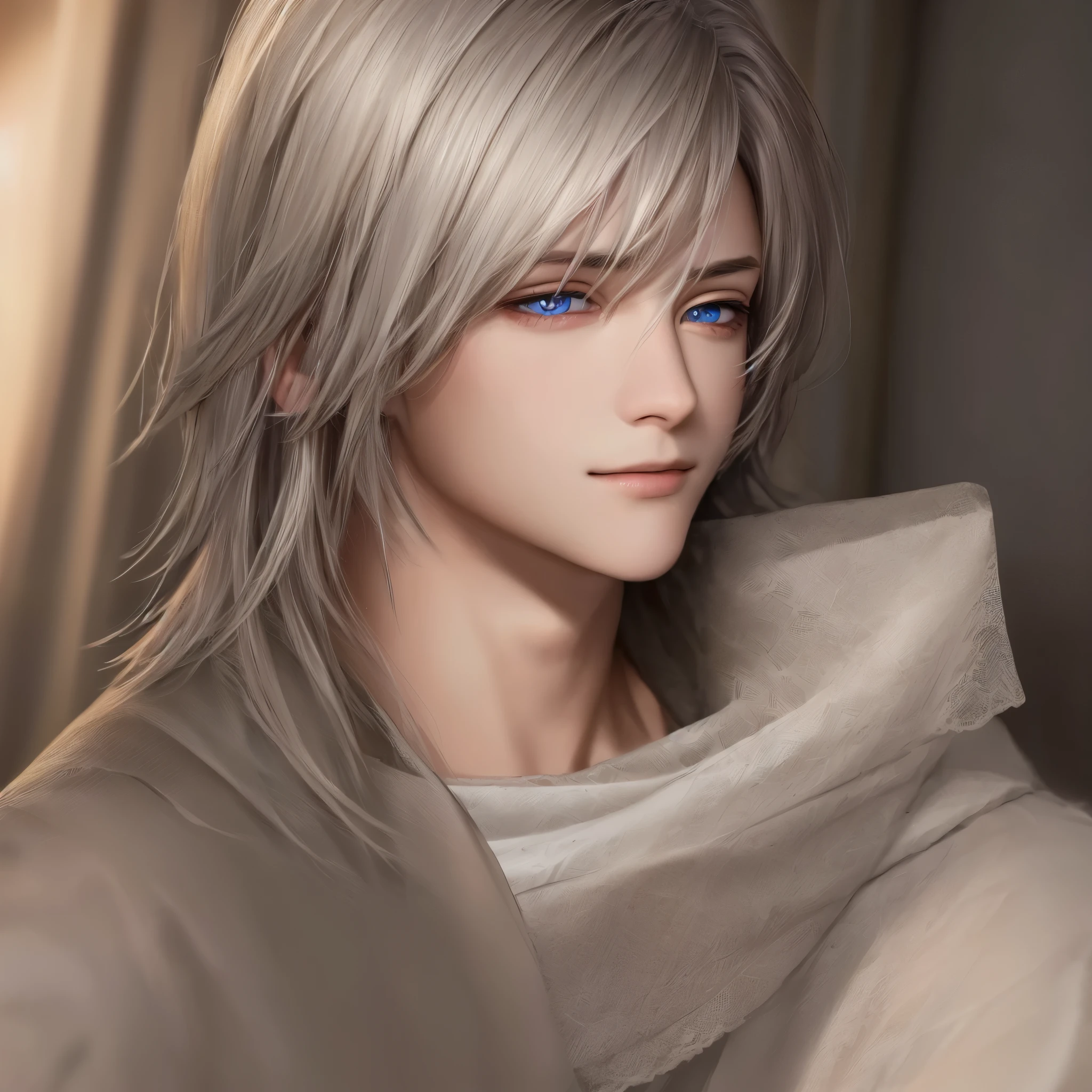 masculine male, masterpiece, ((perfect eyes)) best quality, (semirealism:1.9), beautiful lighting, (extremely detailed CG unity 4k fhd wallpaper), High Detail, Sharp focus, dramatic outdoors, 1 boy ,19 years old, white hair, light purpel eyes, smile.