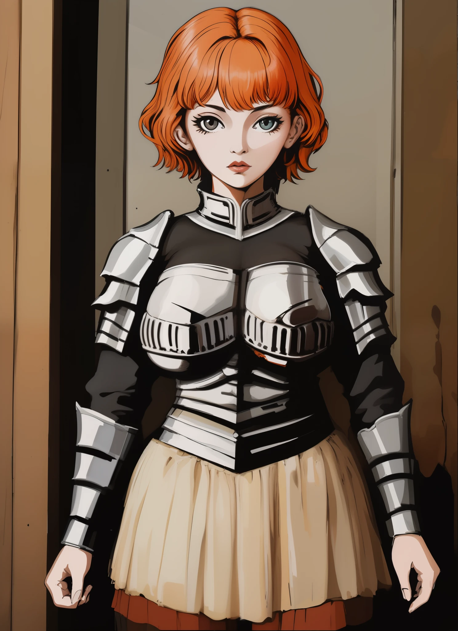 funger, very detailed illustration, 1girl, big breasts, highres, high quality, masterpiece, looking at viewer, (knight), orange hair, absurdres, ultra-detailed, short hair