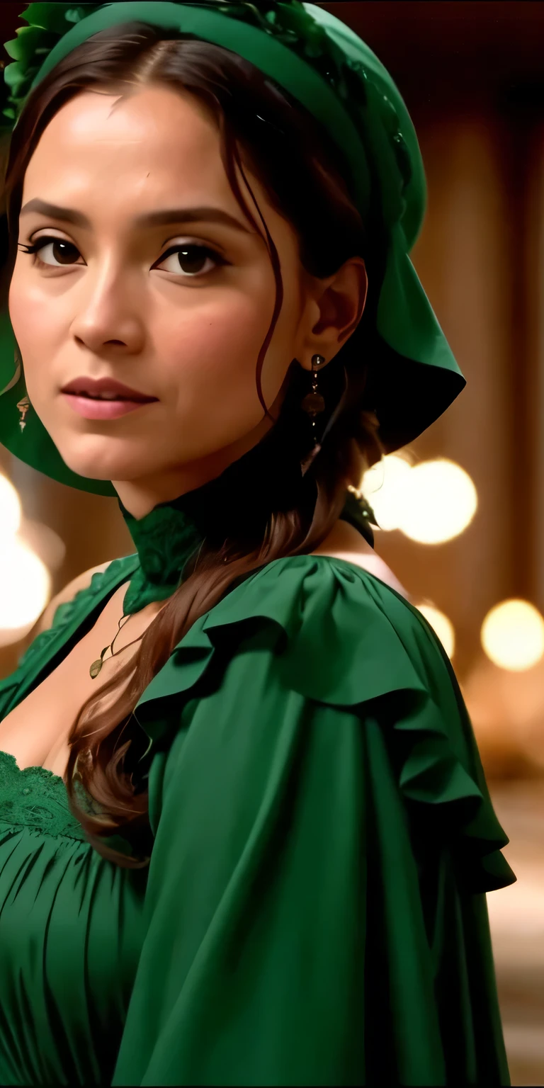 un primer plano de una mujer con un vestido verde con una multitud de personas, a screenshot inspired by Júlínana Sveinsdóttir, tumblr, Renacimiento, movie screenshot, Carmen canta maravillosamente, movie screencap, closeup of movie scene, movie screenshot, anna, toma de pantalla ancha, imagen fija a todo color, toma de escena completa, Screenshot from a movie