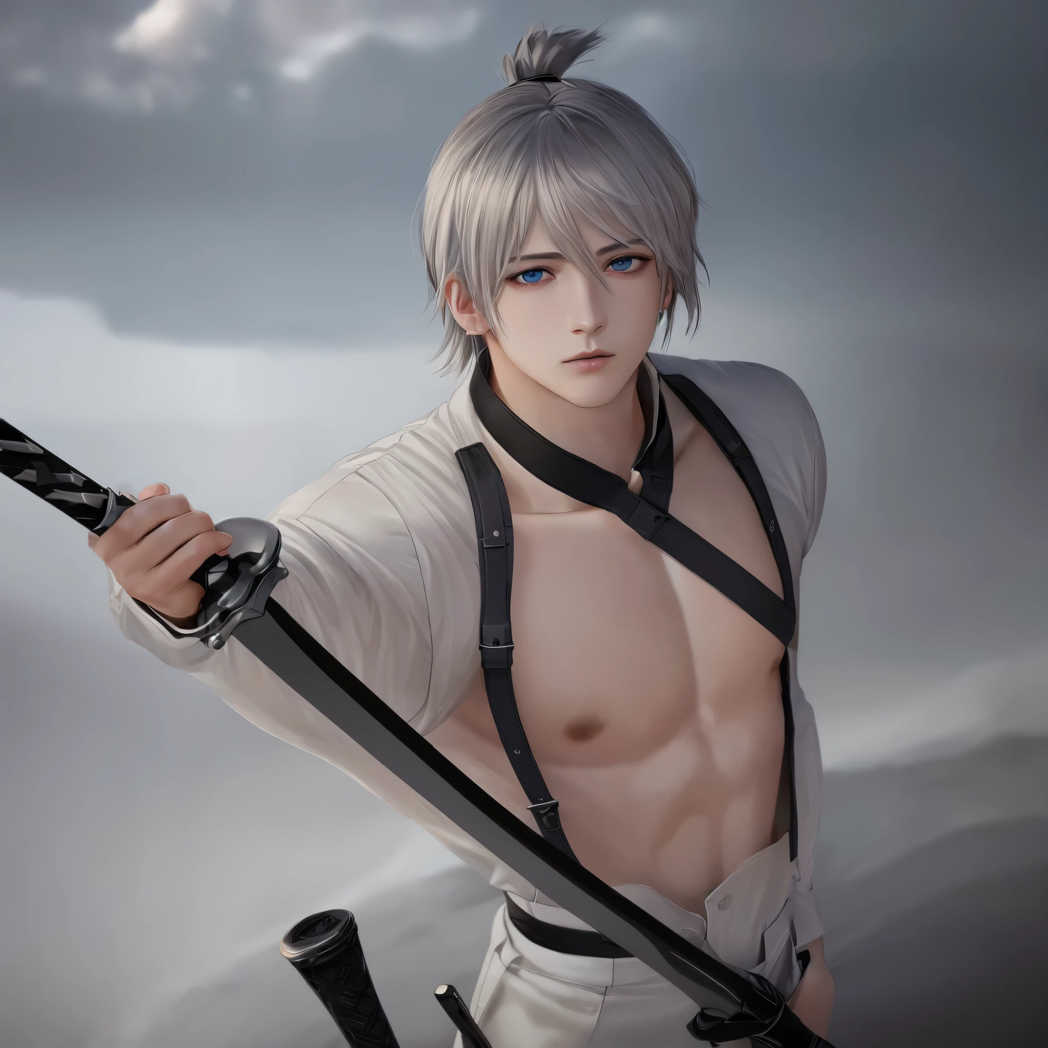 masculine male, masterpiece, ((perfect eyes)) best quality, (semirealism:1.9), beautiful lighting, (extremely detailed CG unity 4k fhd wallpaper), High Detail, Sharp focus, dramatic outdoors, 1 boy ,19 years old, white hair, light purpel eyes, holding a big sword