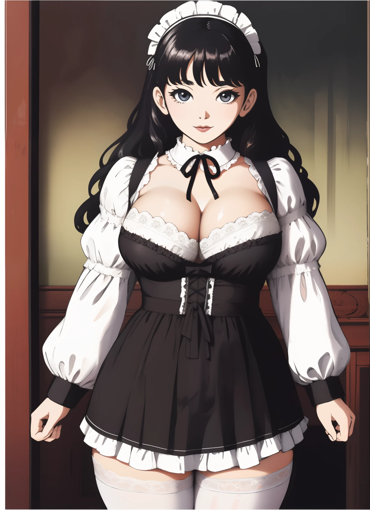 Standing several female maids, big breasts, plump, pretty face, thick body, hair, hands crossing each other, big eyes, seductive expression, showing a happy smile, black and white maid victorian outfit, lace skirt, cleavage, white tights, wet transparent clothes, see-through, water vapor, steam from mouth, elevation view, add_detail:1.5