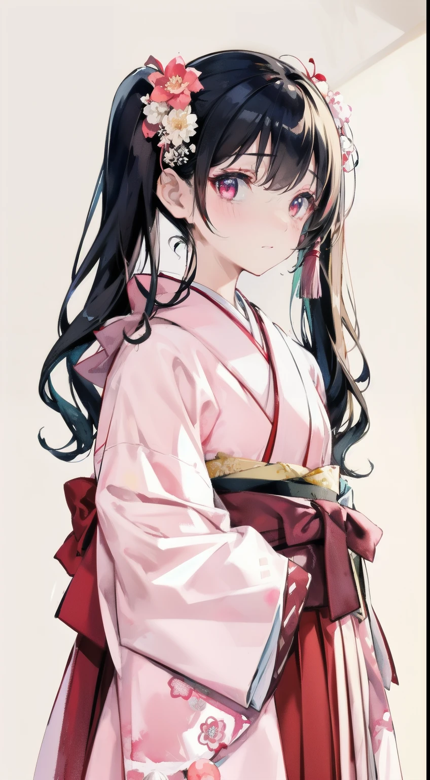 highest resolution、An illustration、1 girl、beautiful face、cute、white background、(watercolor:1.2)、2D、Upper body、black kimono、landmine、jirai、frills、pink hakama、black hair in twin tails、red lipstick、see-through bangs、Looks embarrassed、red blush under the eyes、Sorry face、graduation ceremony、pink eyes、droopy eyes