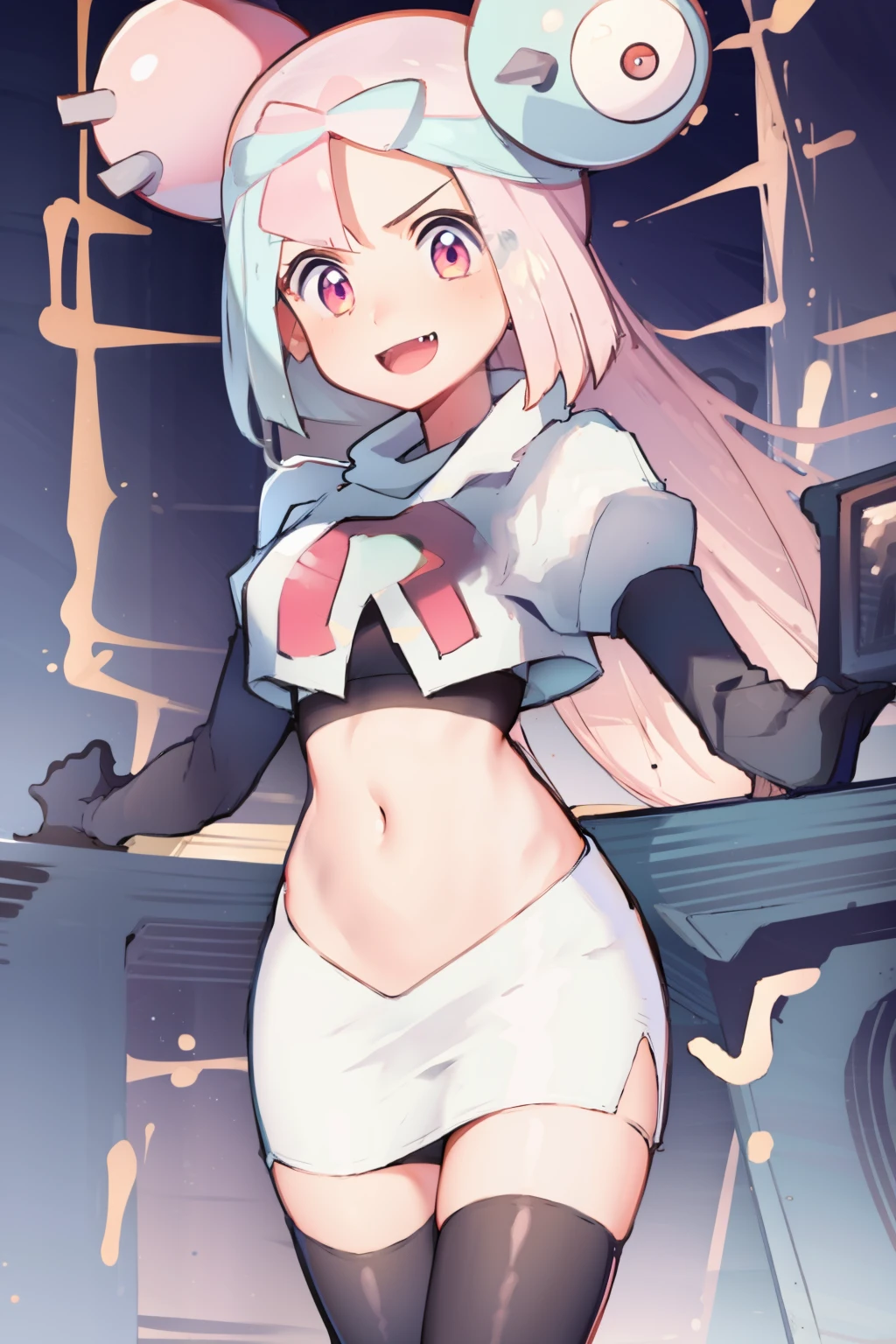 iono,1 girl,pink eyes,solo,smile,open mouth,fangs ,team rocket,team rocket uniform,white skirt,red letter R,crop top,black thigh-highs,black elbow gloves,