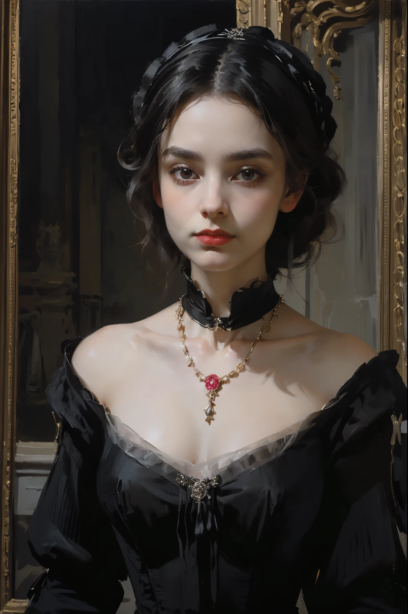 classical painting, ((PORTRAIT: 1.3)), a girl in a black dress, a formal dress of the Victorian style, (Victorian evening dress: 1.3), the dress has a stand-up collar, a young girl 25 years old, pale skin, slender, monochrome image with accent color, red ruby necklace,