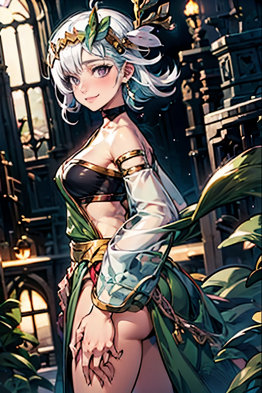 masutepiece, Best Quality, High resolution, solo, 1girl, Full body, Description Girls, detail hands, Detail fingers, Detail Face, cute face, detail legs, overdetailed art, Fine details, Huge breasts, Huge ass, steam, Sweat, Lily_Everhart, white hair, hair ornament, dress, bare shoulders, jewelry, collarbone, earrings, detached sleeves, purple eyes, see-through, black choker, green dress, see-through sleeves, skimpy, smile