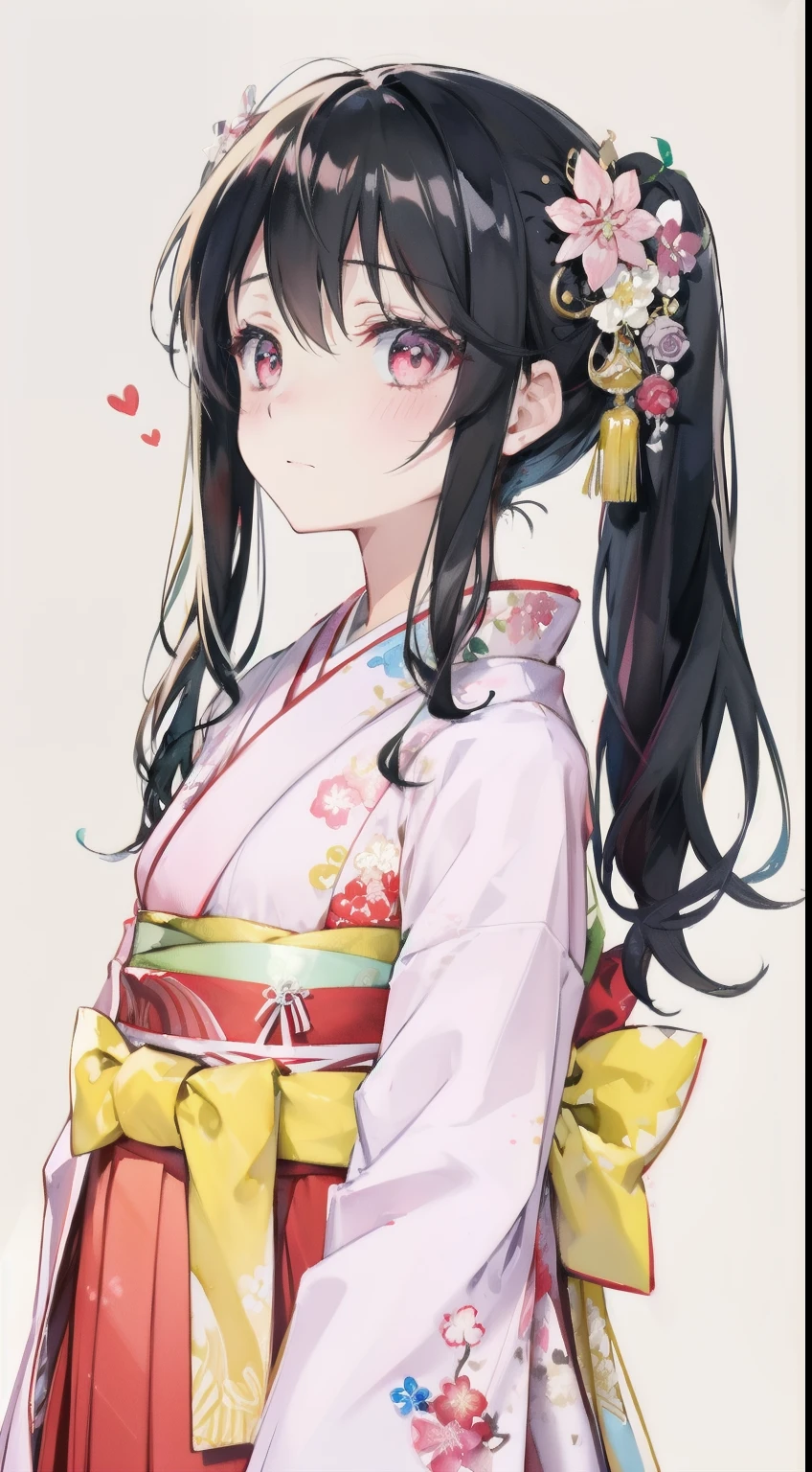 highest resolution、An illustration、1 girl、beautiful face、cute、white background、(watercolor:1.2)、2D、Upper body、black kimono、landmine、jirai、frills、pink hakama、black hair in twin tails、red lipstick、see-through bangs、Looks embarrassed、red blush under the eyes、Sorry face、graduation ceremony、pink eyes、droopy eyes