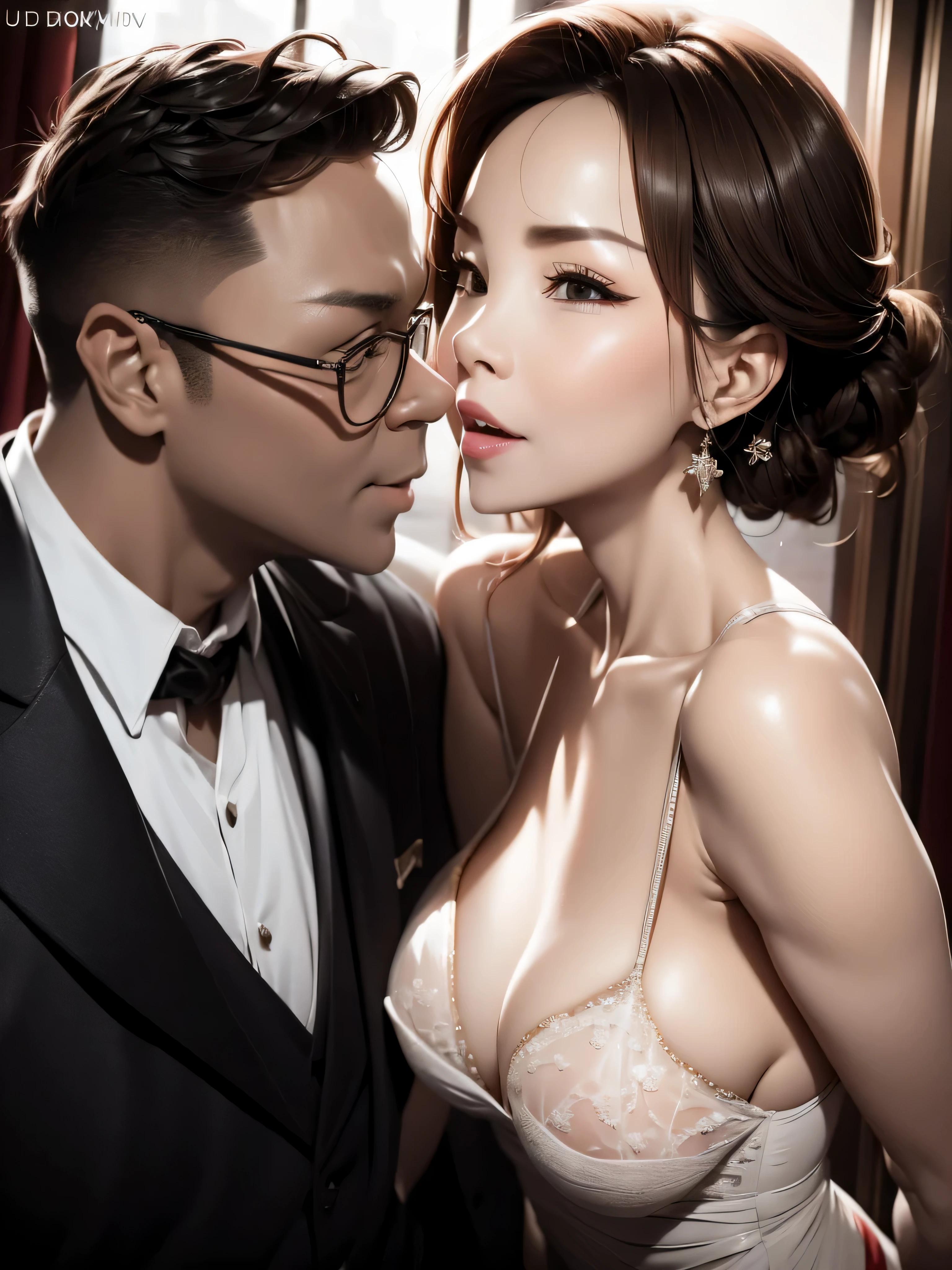 A sexy woman in a wedding dress is making out with an old man in the hotel lobby, ultra high definition, masterpiece, textured skin, Ultra-detailed, best quality, 8k.