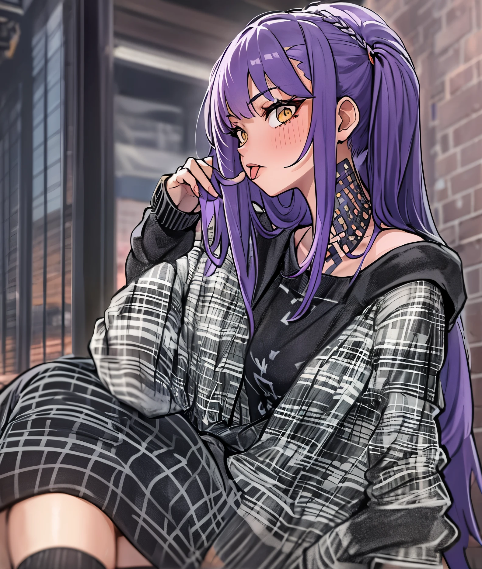 akanbe, Sticking out tongue, 1 girl, medium breasts, purple hair, undercut, Ridiculously long hair, hazel eyes, Wearing a black punk style sweatshirt dress , Plaid skirt, Extremely ridiculous, Detailed, Astonishing, best quality, Smooth, 4k wallpaper