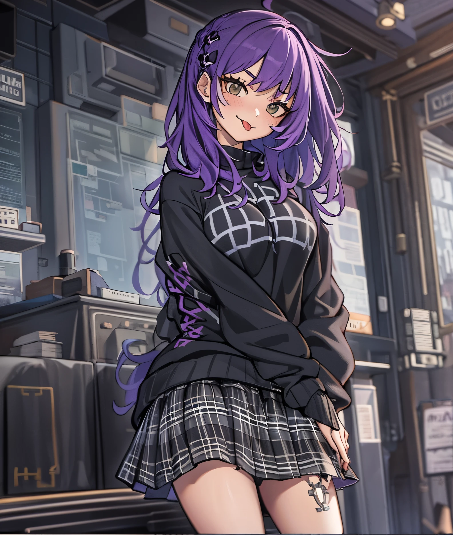 akanbe, Sticking out tongue, 1 girl, medium breasts, purple hair, undercut, Ridiculously long hair, hazel eyes, Wearing a black punk style sweatshirt dress , Plaid skirt, Extremely ridiculous, Detailed, Astonishing, best quality, Smooth, 4k wallpaper