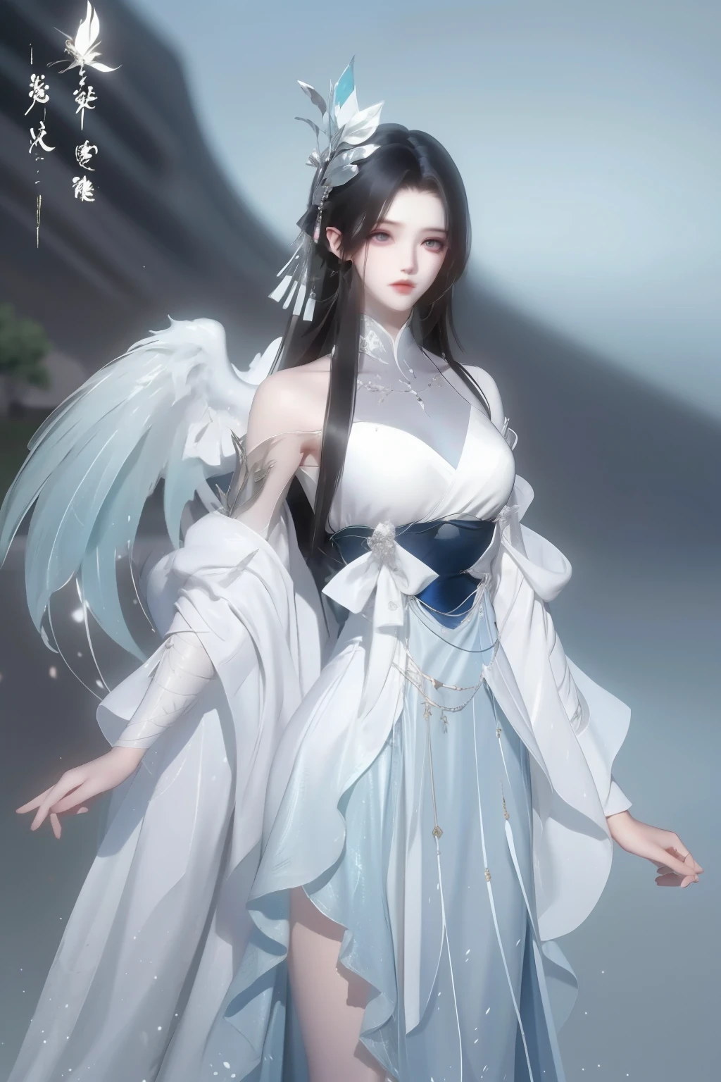 There is a doll，There is a blue skirt and a white skirt, space flower Fairy, astral Fairy, Elf, ethereal fantasy, ethereal!!!!!!!, Fairy, There are frozen flowers around her, 美麗的Fairy, water Fairy, beautiful Fairy, of ethereal fantasy, 微笑如Immortal King, Hungry Ghost Festival, ethereal wings, Immortal King
