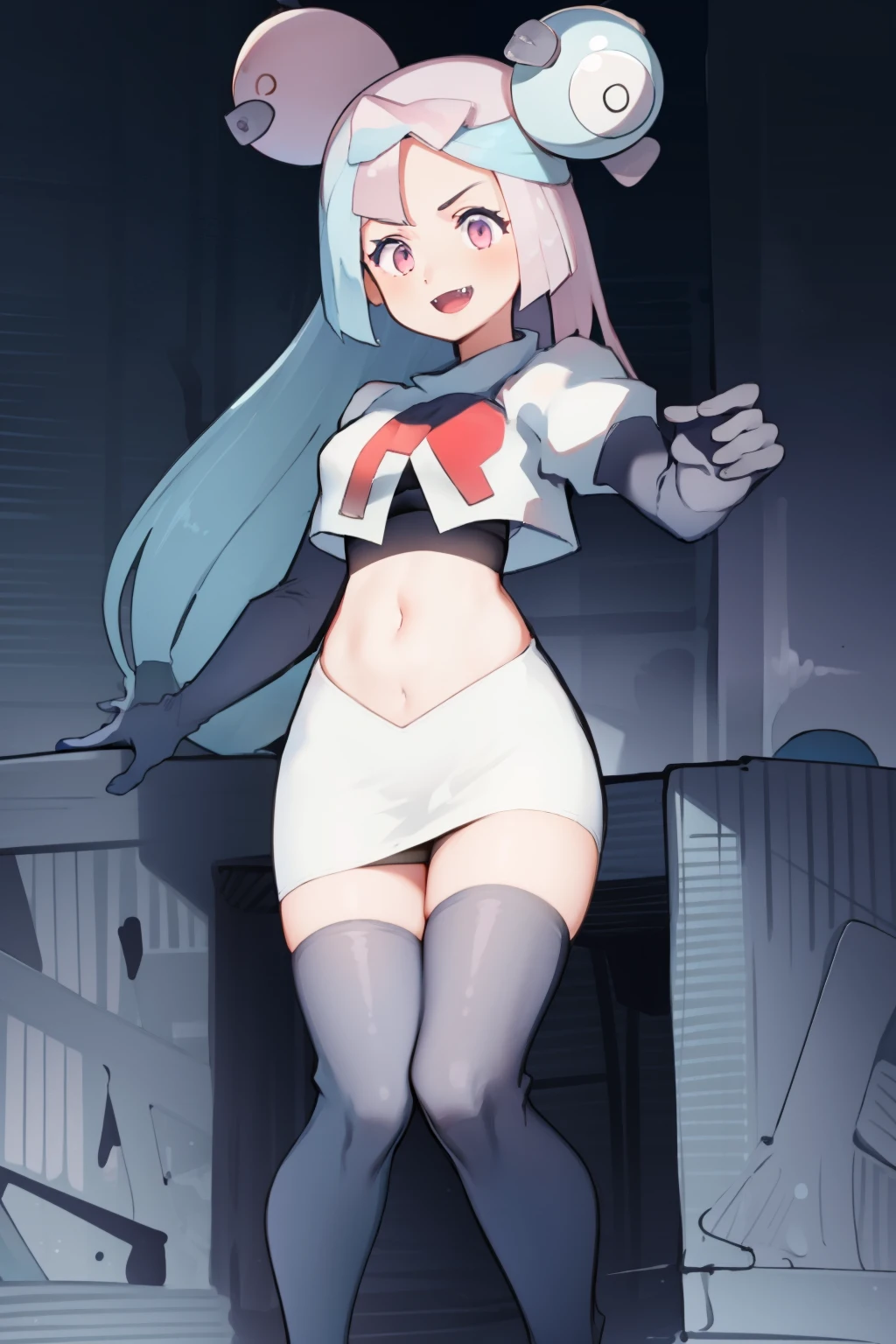 iono,1 girl,pink eyes,solo,smile,open mouth,fangs ,team rocket,team rocket uniform,white skirt,red letter R,crop top,black thigh-highs,black elbow gloves,