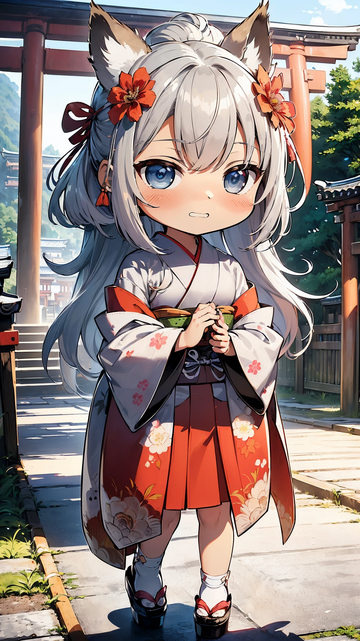 (((Masterpiece))), (((Highest quality))), ((Ultra-detailed)), ((Super fine illustration)), ((Ultra-fine painting)), (16K highest quality wallpaper:1.4), (Chibi:2.0), (Full body:1.6), HDR, (Highly detailed and delicate illustration style:1.8), Detailed skin texture, Detailed cloth texture, Extreme detailed description, (T-masterpiece), (Highly detailed face:1.2), (Highly detailed silver fox ears:1.2), (Highly detailed shiny silver half updo:1.2), (Highly detailed clear eyes:1.2), Original, RAW photo, Professional, Intricate details, Super details, Direct light:1.6, (Perfect anatomy:1.4), (Highly detailed hands:1.2), (Highly detailed fingers:1.2), (Highly detailed fingertips:1.2), (16-years-old), Real, (Solo:1.8), ((A very beautiful and cute silver fox girl who is an idol and wears a bright red long-sleeved kimono with a floral pattern:1.4)) BRAKE (Beautiful and adorable silver fox ears:1.8), (Highly detailed and delicate silver fox ears:1.4), (Beautiful and shiny silver half updo:1.6), (Highly detailed and delicate silver half updo:1.2), (Beautiful clear blue eyes that shine with great detail:1.6), (Highly detailed and delicate blue eyes:1.2), (Highly detailed face:1.4), (Smile:1.3), (Blush:1.4), (Looking at viewer:1.4), (Celebration:1.4) BRAKE (Bright red long-sleeved kimono with floral pattern:1.4), (Japanese traditional costume:1.2) BRAKE (Concept art:1.2), (Detailed fantasy art:1.2) BRAKE (Just after noon:1.4), (Very detailed and beautiful Ise Grand Shrine in Mie Prefecture just after noon in the background:1.6), (Standing in front of the torii gate:1.4), (Celebration:1.4), Ise Grand Shrine:1.4, Torii gate of Ise Shrine:1.4, Very beautiful in the sunny sky background just after noon:1.4 BRAKE