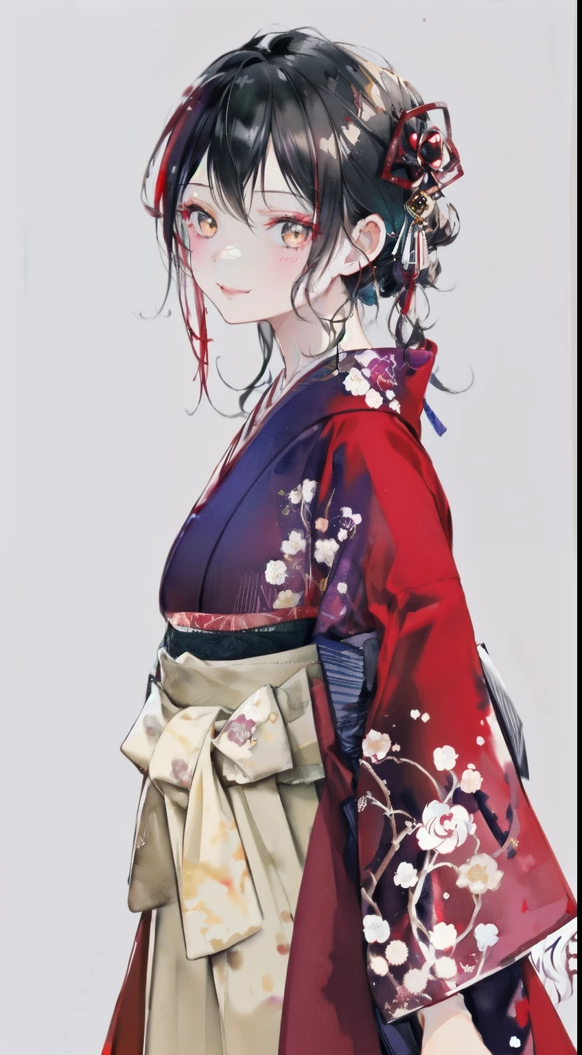 highest resolution、An illustration、1 girl、beautiful face、cute、Mature、white background、(watercolor:1.2)、2D、Upper body、purple kimono、Oiran、Hakama、black hair、red lipstick、flashy makeup、Yankee、fearless smile、squinting、red blush under the eyes、graduation ceremony、brown eyes、droopy eyes