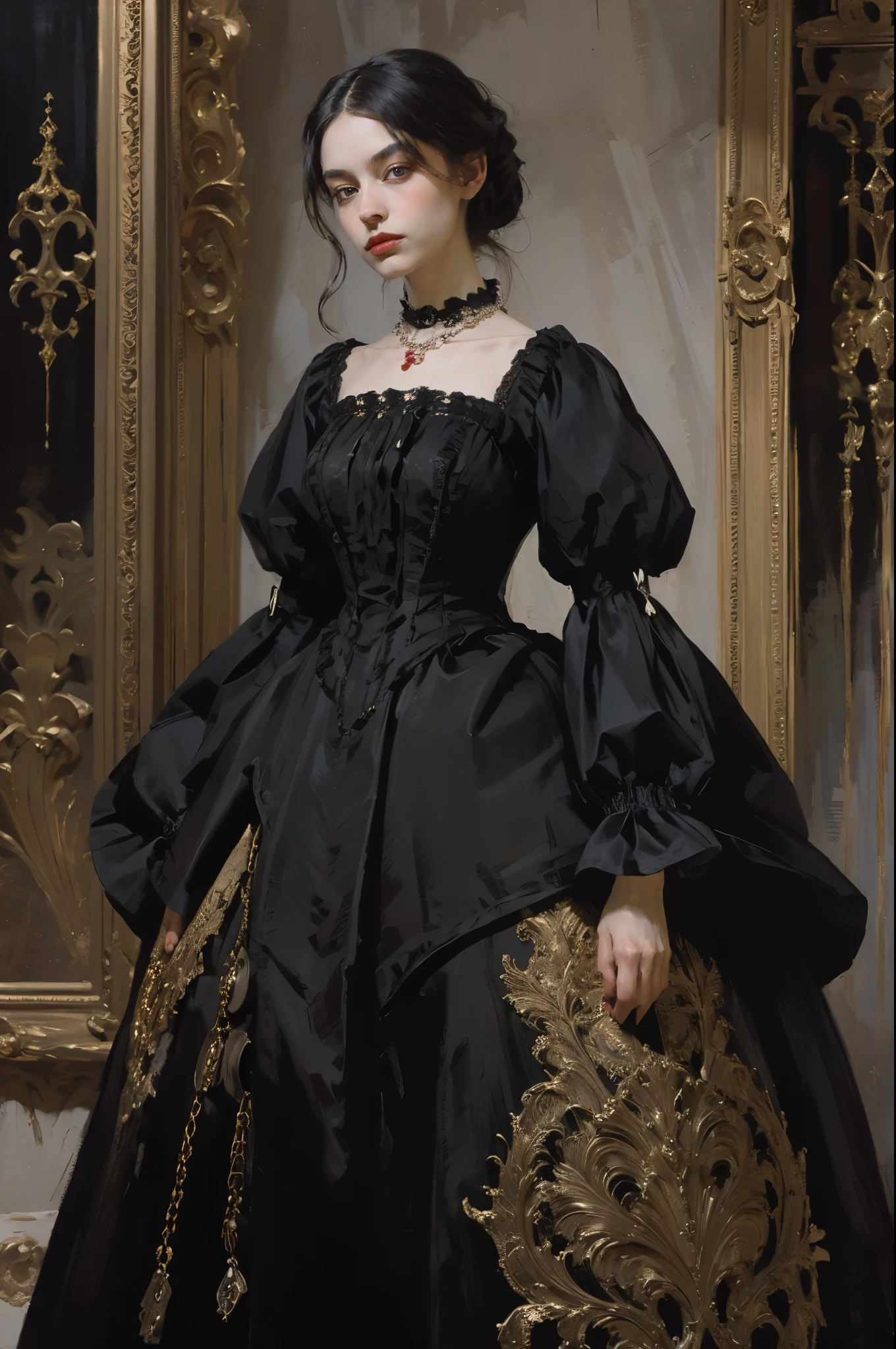 classical painting, ((PORTRAIT: 1.3)), a girl in a black dress, a formal dress of the Victorian style, (Victorian evening dress: 1.3), the dress has a stand-up collar, a young girl 25 years old, pale skin, slender, monochrome image with accent color, red ruby necklace,