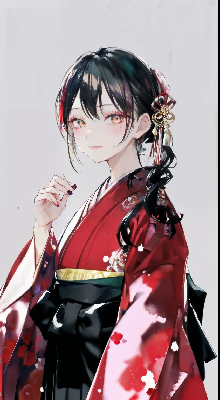 highest resolution、An illustration、1 girl、beautiful face、cute、Mature、white background、(watercolor:1.2)、2D、Upper body、purple kimono、Oiran、Hakama、black hair、red lipstick、flashy makeup、Yankee、fearless smile、squinting、red blush under the eyes、graduation ceremony、brown eyes、droopy eyes