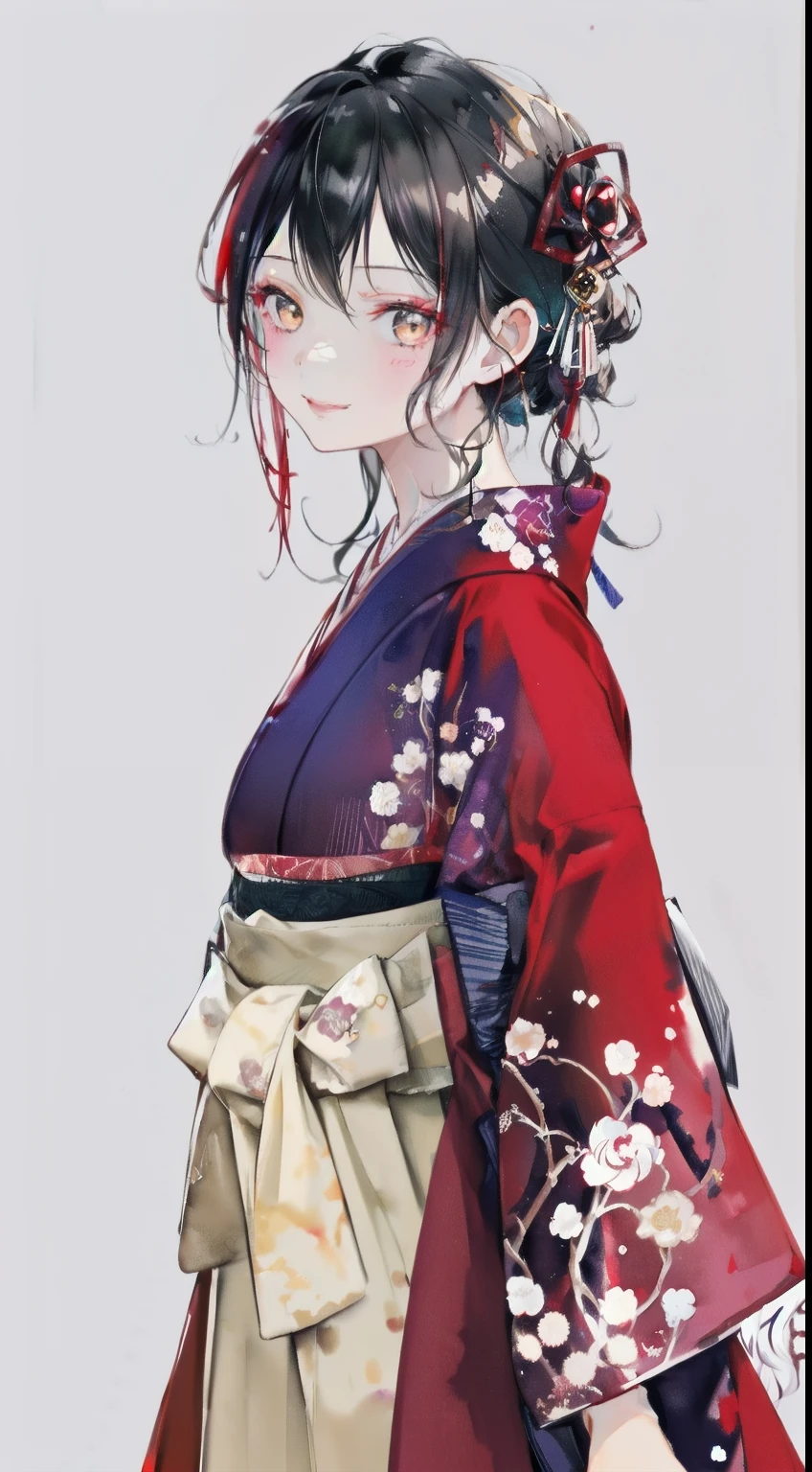 highest resolution、An illustration、1 girl、beautiful face、cute、Mature、white background、(watercolor:1.2)、2D、Upper body、purple kimono、Oiran、Hakama、black hair、red lipstick、flashy makeup、Yankee、fearless smile、squinting、red blush under the eyes、graduation ceremony、brown eyes、droopy eyes