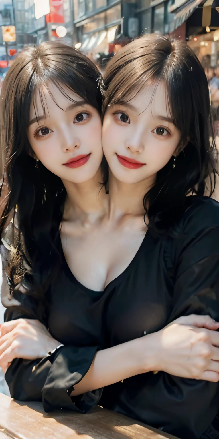 ((Best Quality, 8k, Masterpiece:1.3)), 40k, Perfect Body Beauty:1.4, cinematic lighting, black long hair, straight Bangs, (red shirt:1.1) , (in front of cafe:1.2), Highly detailed face and skin texture, Detailed eyes, Double eyelids, conjoined_dicephalus, (two heads:1.2), whitening skin, perfect face, (huge breast, looking into the distance), (nighttime), smile, earrings, necklaces, mature women, coffee on table, (a women sitting in front of cafe),