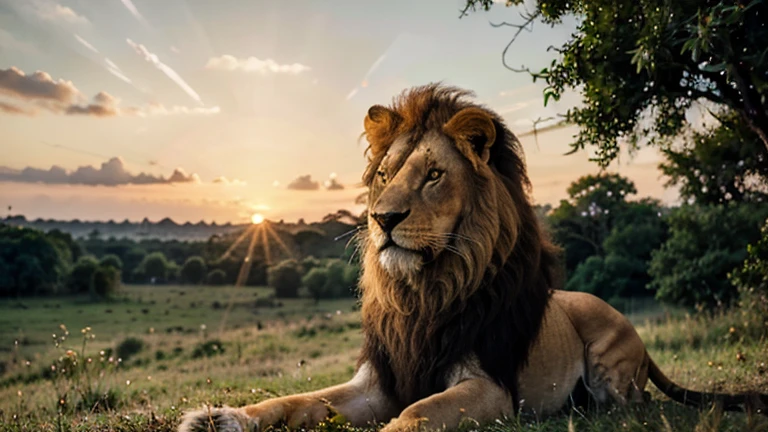 Un lion majestueux dans la savane africaine, Le roi de la jungle se repose sur une colline, surveillant son territoire d'un œil attentif. Les herbes hautes se balancent doucement dans le vent, creating abstract shapes and interesting textures. The colors of the sunset are reflected in his eyes, creating golden highlights. Image au format 3840 x 2160 pixels.