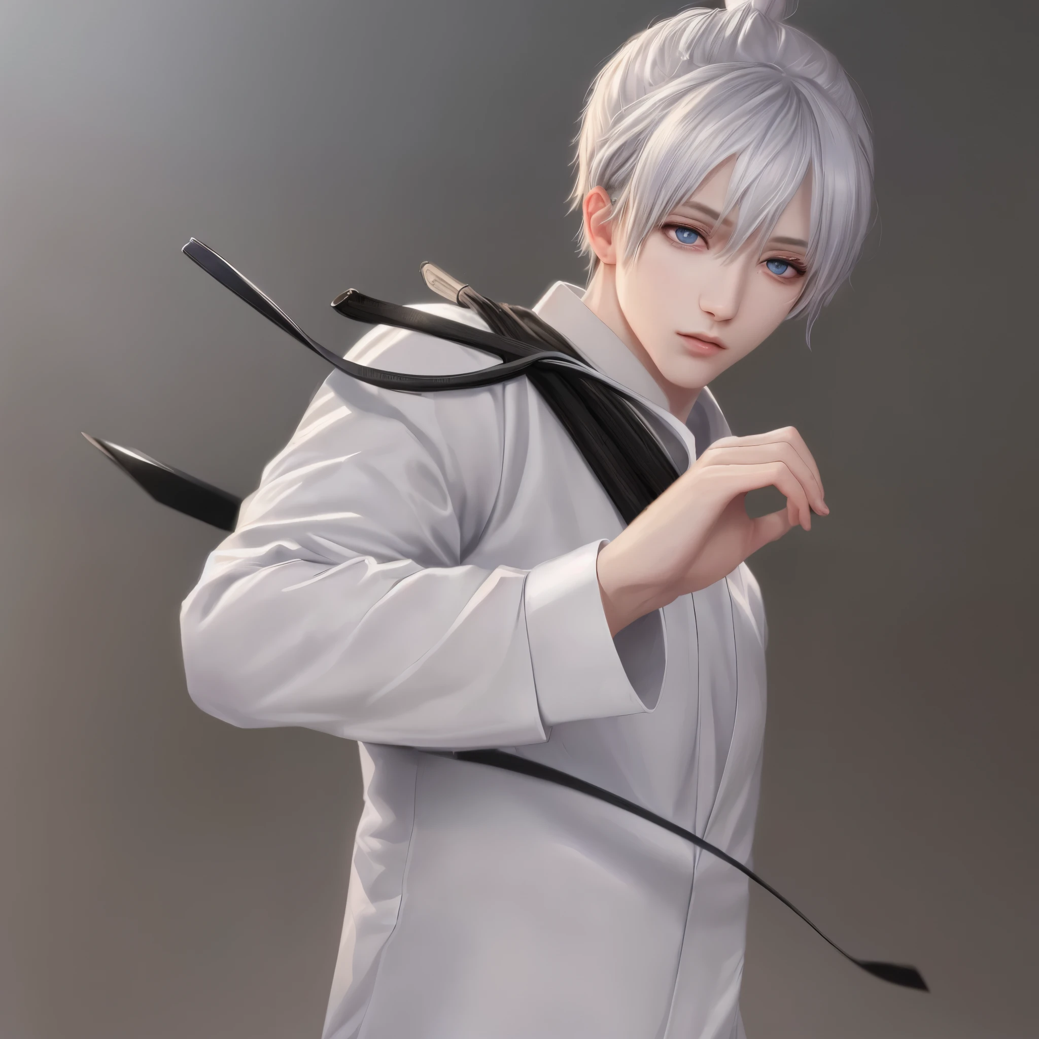 masculine male, masterpiece, ((perfect eyes)) best quality, (semirealism:1.9), beautiful lighting, (extremely detailed CG unity 4k fhd wallpaper), High Detail, Sharp focus, dramatic outdoors, 1 boy ,19 years old, white hair, light purpel eyes, holding a katana