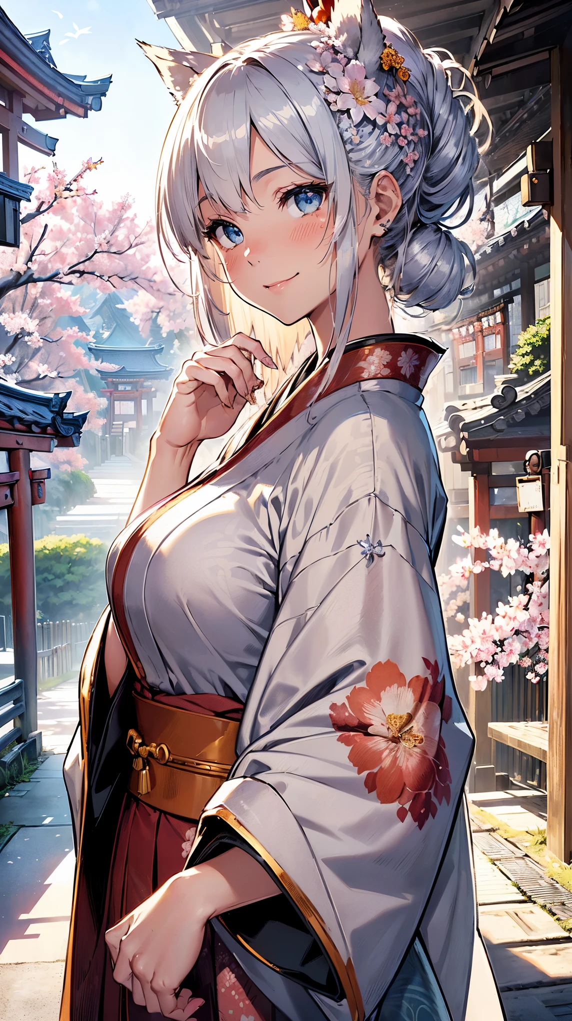 (((Masterpiece))), (((Highest quality))), ((Ultra-detailed)), ((Super fine illustration)), ((Ultra-fine painting)), (16K highest quality wallpaper:1.4), (Upper body:1.6), HDR, (Highly detailed and delicate illustration style:1.8), Detailed skin texture, Detailed cloth texture, Extreme detailed description, (T-masterpiece), (Highly detailed face:1.2), (Highly detailed silver fox ears:1.2), (Highly detailed shiny silver half updo:1.2), (Highly detailed clear eyes:1.2), Original, RAW photo, Professional, Intricate details, Super details, Direct light:1.6, (Perfect anatomy:1.4), (Highly detailed hands:1.2), (Highly detailed fingers:1.2), (Highly detailed fingertips:1.2), (16-years-old), Real, (Solo:1.8), ((A beautiful and cute silver fox girl who is an idol and wears a bright red long-sleeved kimono with a floral pattern:1.4)) BRAKE (Beautiful and adorable silver fox ears:1.6), (Highly detailed and delicate silver fox ears:1.4), (Beautiful and well-shaped big breasts:1.2), (Beautiful and well-shaped buttocks), (Beautiful and shiny silver half updo:1.6), (Highly detailed and delicate silver half updo:1.2), (Beautiful clear blue eyes that shine with great detail:1.6), (Highly detailed and delicate blue eyes:1.2), (Highly detailed face:1.4), (Smile:1.5), (Blush:1.4), (Looking at viewer:1.4), (Celebration:1.4) BRAKE (Bright red long-sleeved kimono with floral pattern:1.4), (Japanese traditional costume:1.2) BRAKE (Concept art:1.2), (Detailed fantasy art:1.2) BRAKE (Highly detailed and delicate Ise Grand Shrine in Mie Prefecture in the background just after noon in spring:1.6), (Standing in front of the torii gate:1.4), (Celebration:1.4), Ise Grand Shrine:1.4, Torii gate of Ise Shrine:1.4, cherry blossoms:1.2, Very beautiful in the sunny sky background just after noon:1.4 BRAKE