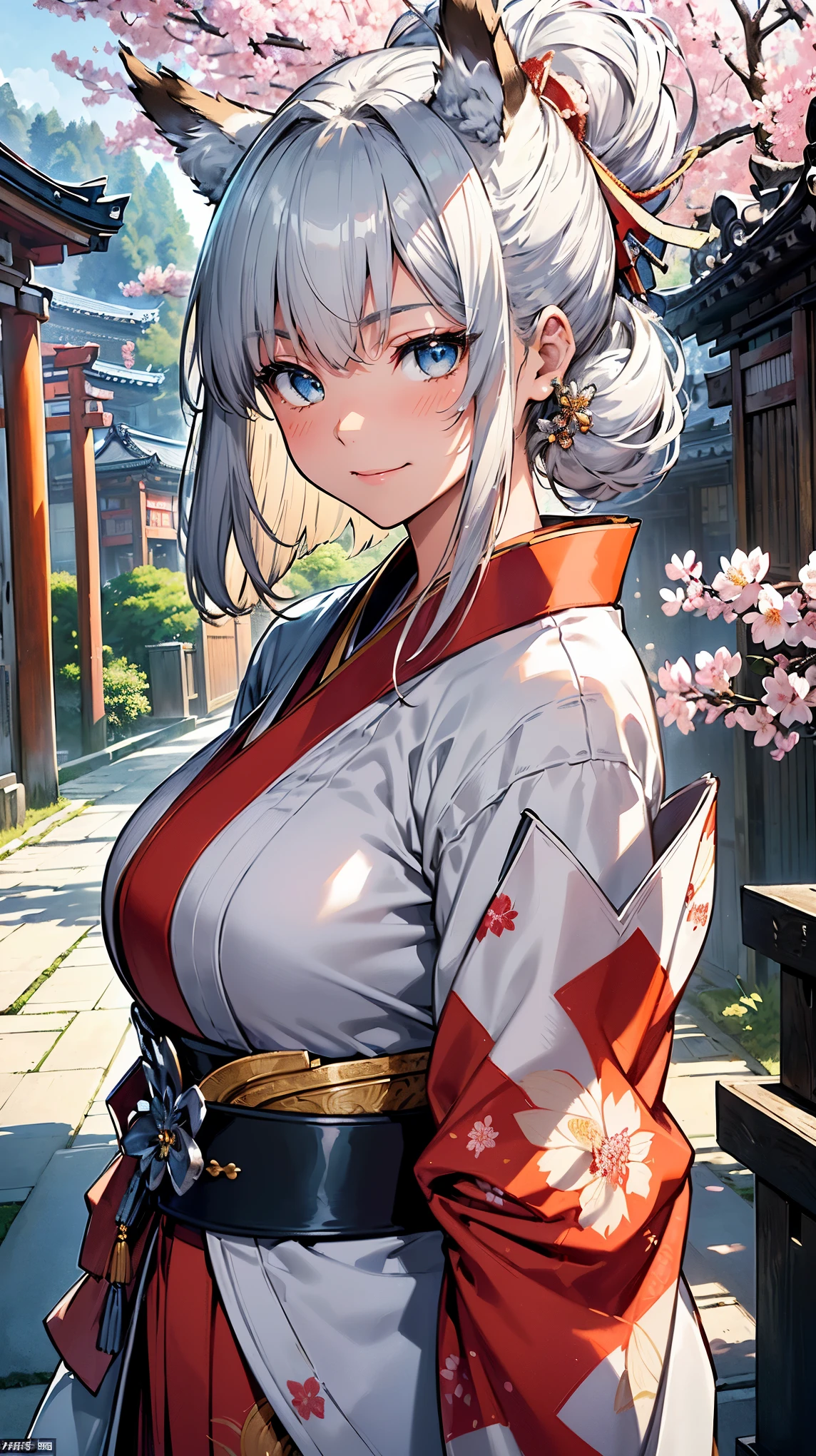 (((Masterpiece))), (((Highest quality))), ((Ultra-detailed)), ((Super fine illustration)), ((Ultra-fine painting)), (16K highest quality wallpaper:1.4), (Upper body:1.6), HDR, (Highly detailed and delicate illustration style:1.8), Detailed skin texture, Detailed cloth texture, Extreme detailed description, (T-masterpiece), (Highly detailed face:1.2), (Highly detailed silver fox ears:1.2), (Highly detailed shiny silver half updo:1.2), (Highly detailed clear eyes:1.2), Original, RAW photo, Professional, Intricate details, Super details, Direct light:1.6, (Perfect anatomy:1.4), (Highly detailed hands:1.2), (Highly detailed fingers:1.2), (Highly detailed fingertips:1.2), (-yeld), R, (Solo:1.8), ((A beautiful and cute silver fox girl who is an idol and wears a bright red long-sleeved kimono with a floral pattern:1.4)) BRAKE (Beautiful and adorable silver fox ears:1.6), (Highly detailed and delicate silver fox ears:1.4), (Beautiful and well-shaped big breasts:1.2), (Beautiful and well-shaped buttocks), (Beautiful and shiny silver half updo:1.6), (Highly detailed and delicate silver half updo:1.2), (Beautiful clear blue eyes that shine with great detail:1.6), (Highly detailed and delicate blue eyes:1.2), (Highly detailed face:1.4), (Smile:1.5), (Blush:1.4), (Looking at viewer:1.4), (Celebration:1.4) BRAKE (Bright red long-sleeved kimono with floral pattern:1.4), (Japanese traditional costume:1.2) BRAKE (Concept art:1.2), (Detailed fantasy art:1.2) BRAKE (Highly detailed and delicate Ise Grand Shrine in Mie Prefecture in the background just after noon in spring:1.6), (Standing in front of the torii gate:1.4), (Celebration:1.4), Ise Grand Shrine:1.4, Torii gate of Ise Shrine:1.4, cherry blossoms:1.2, Very beautiful in the sunny sky background just after noon:1.4 BRAKE