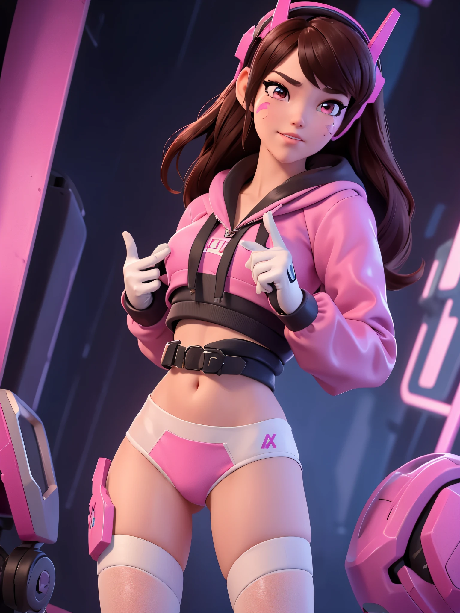 Masterpiece, Best Quality, High Resolution, 1Girl, Ultra High Resolution, Solo D.VA, Headphones, Pink eyes, Brown Hair, White Gloves, Face Decoration, Full Body Shot, Cute, Realistic, Cute Pose, Perfect Body, Cyber Punk background, wet street, Crop Top Hoodie, Latex panties