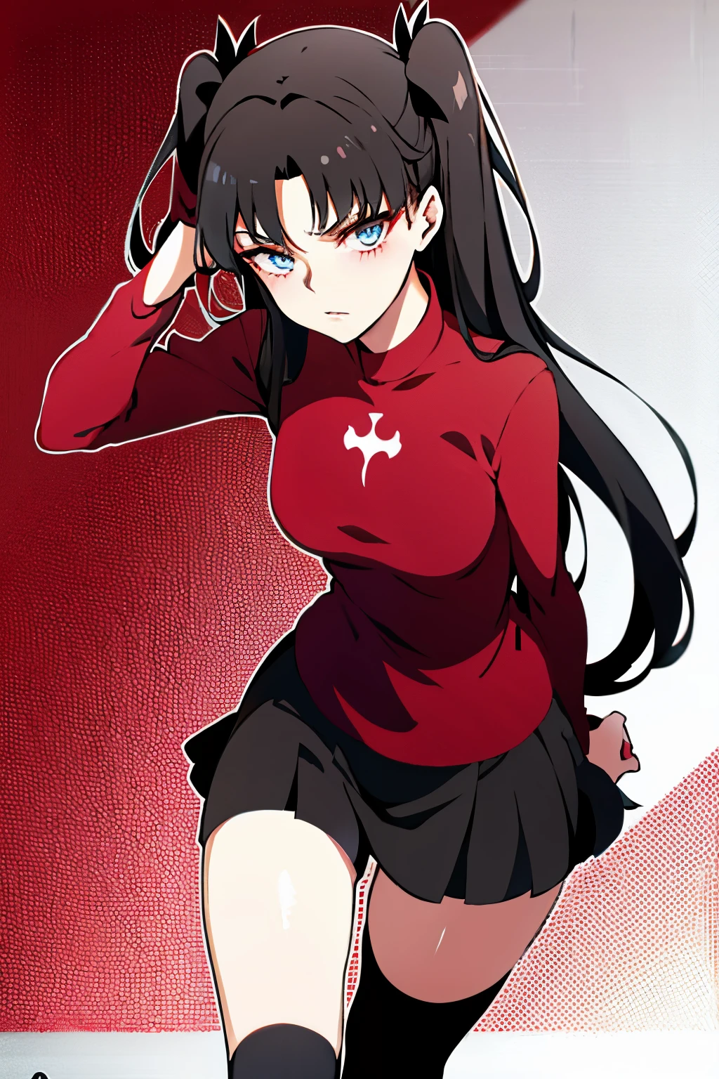 rin tohsaka, aqua eye, black long hair, hair ribbon, side lock, two side up, black skirt, black Thighhighs, long sleeve, miniskirt, pleated skirt, ((red sweater)), Thighhighs, turtleneck, ,Nsfw,(((1girl,1boy,sex vaginal))),crawling,all fours,Looking at viewers,(((realistic white lace panties ))),masterpiece ,8k unity wallpaper,anime key visual,highest quality, High resolution, unity 8k wallpaper, (shape:0.8), highly detailed face,highly detailed eye,glowing eyes , shiny skin,fine skin,white skin,dense skin,detailed hair,highly detailed legs,perfect lighting, Detailed CG, (perfect hands, perfect anatomy),High resolution,anime key visual,Kyoto Animation,(Detailed wear ),slender limbs, delicate curves, dainty hands, tiny feet,figure:0.8,